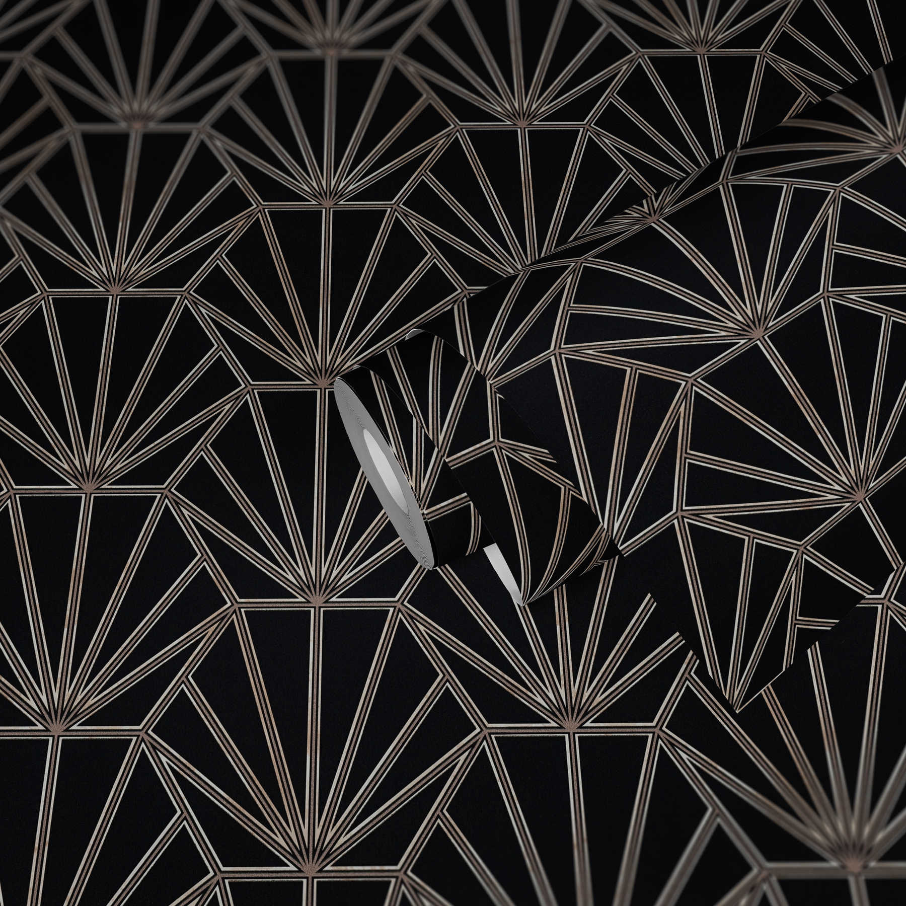             Tapete Art Déco Stil Retro Look & Linien Design – Schwarz, Bronze, Weiß
        