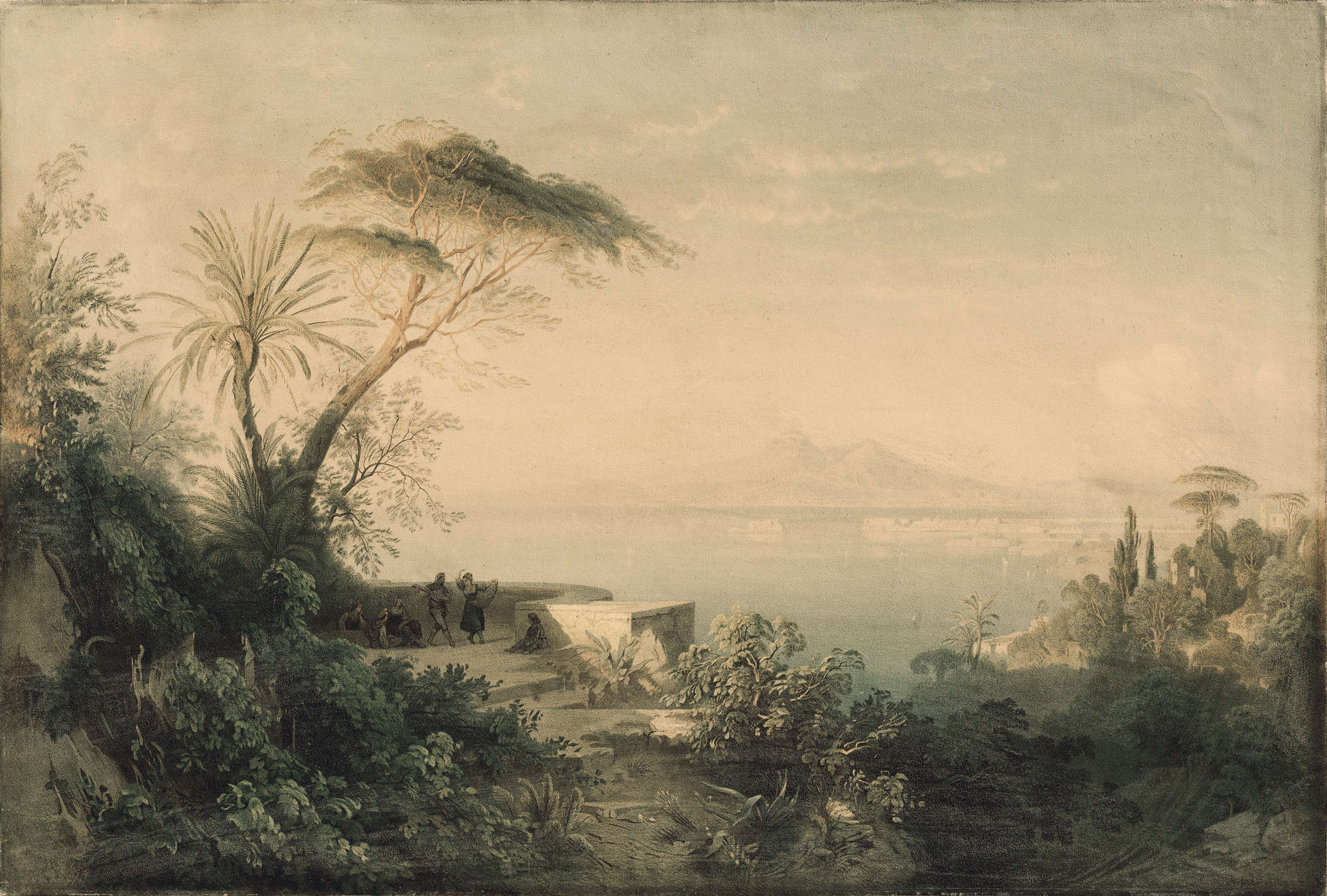Landscape mural palm trees &amp; sea in art style - green, blue, grey