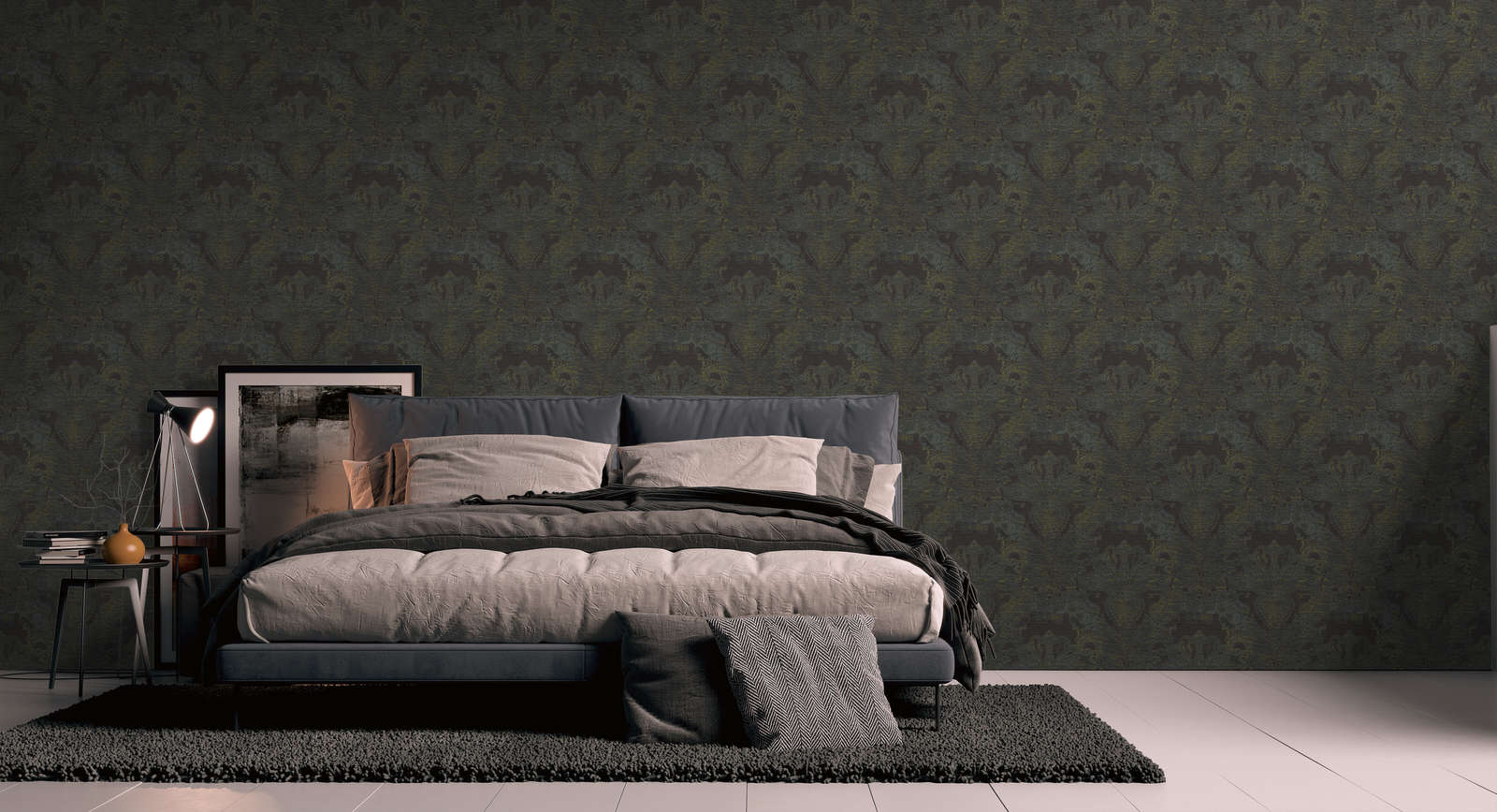             Vliesbehang in barokstijl met ornamenten - zwart, blauw, geel
        