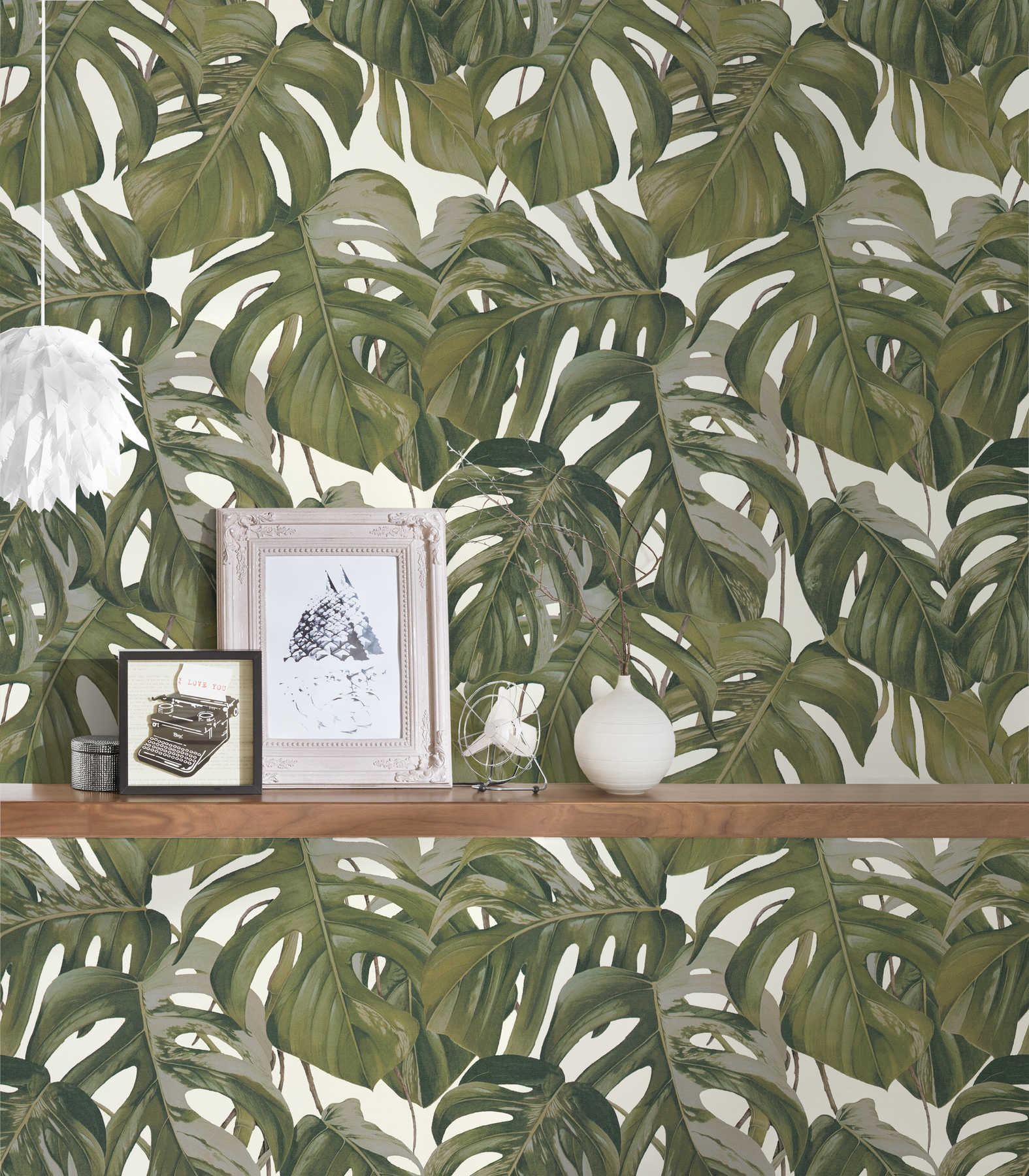             Non-woven wallpaper Monstera leaves pattern - grey, green, white
        