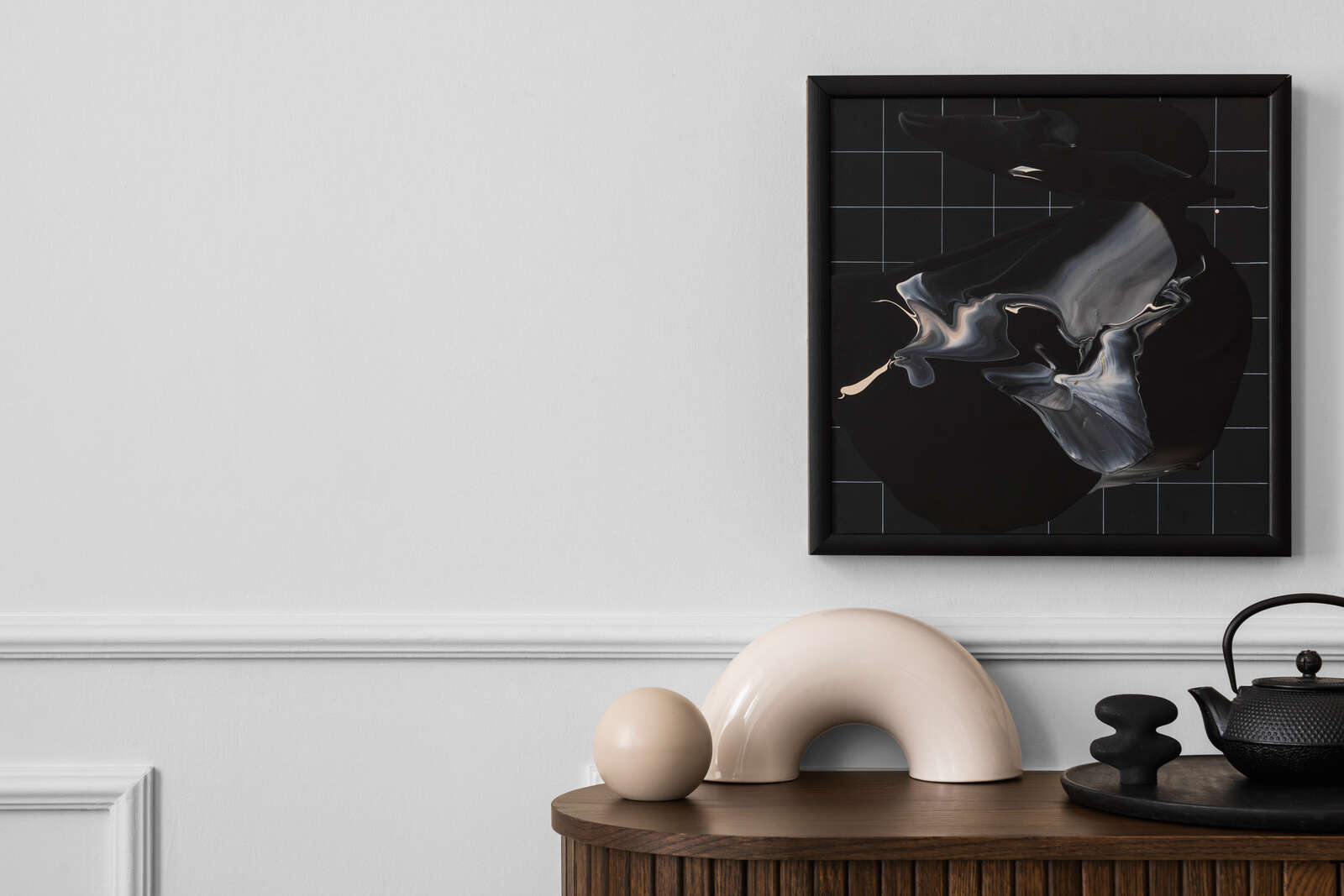 abstrakte Kunst, gerahmtes Bild, schwarzes Raster, dunkle Töne, Wanddekoration