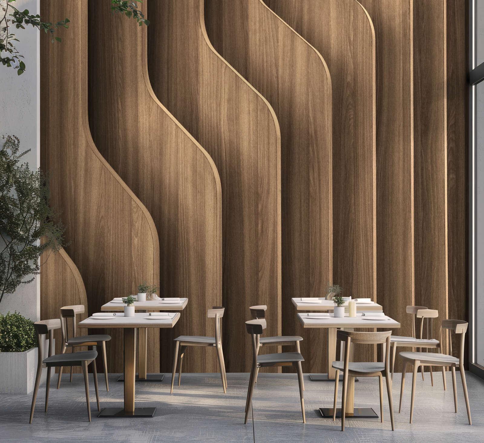 holz, wandpaneel, tischstuhl-set, modern, restaurant