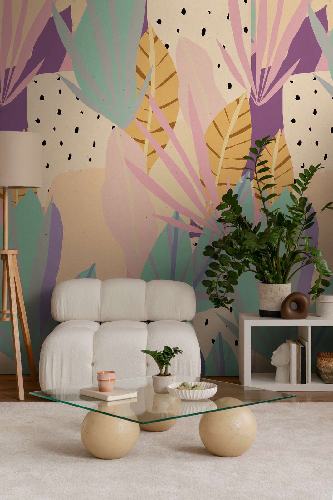 Wohnzimmer, Wandkunst, Pflanzen, Glasbeistisch, Sessel