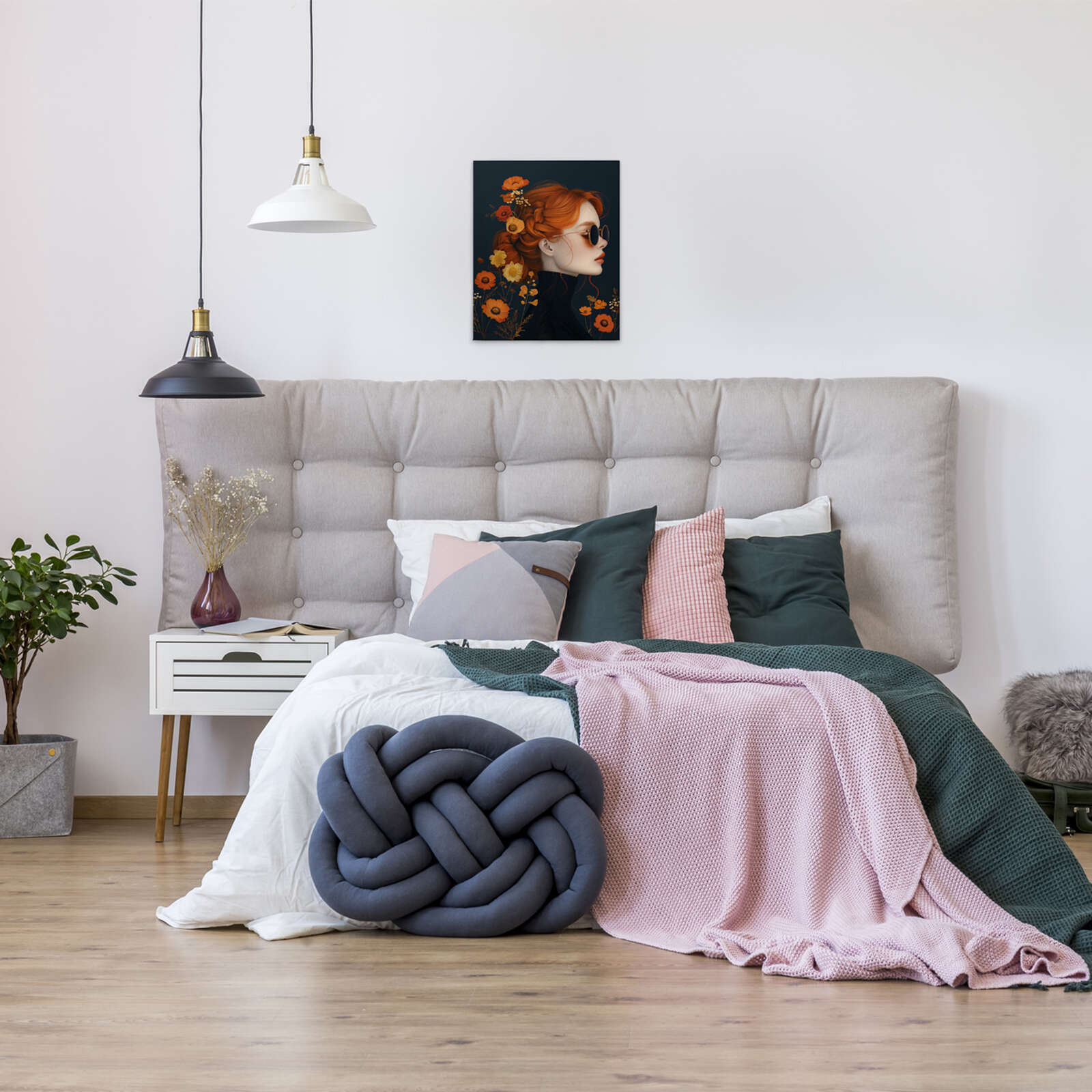             Leinwandbild Rote Eleganz - Portrait einer Frau mit Blumen in modernem Design – 40 x 50 cm - Orange, Blau
        