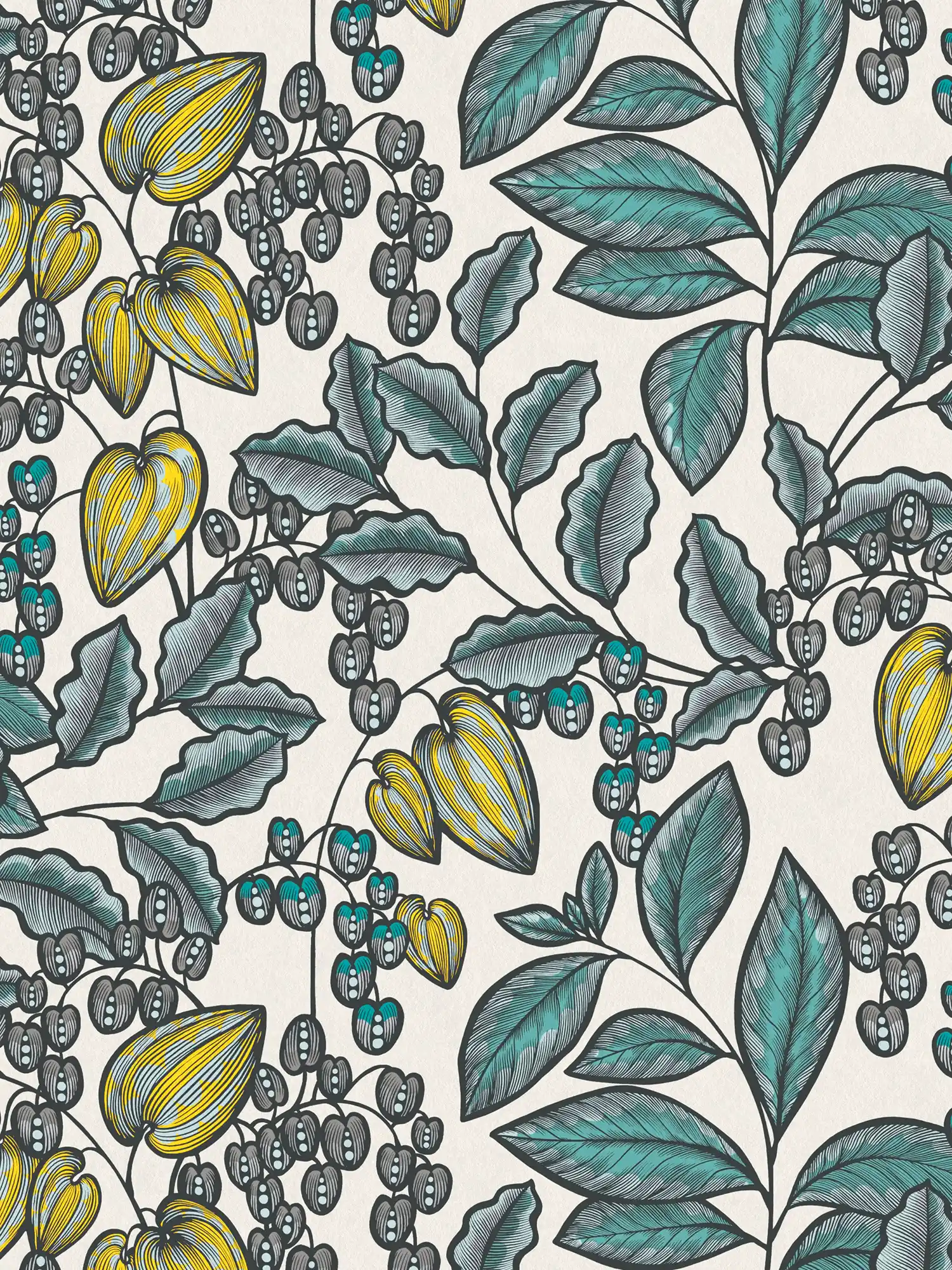         Non-woven wallpaper leaves design in Scandi look - blue, white, yellow
    