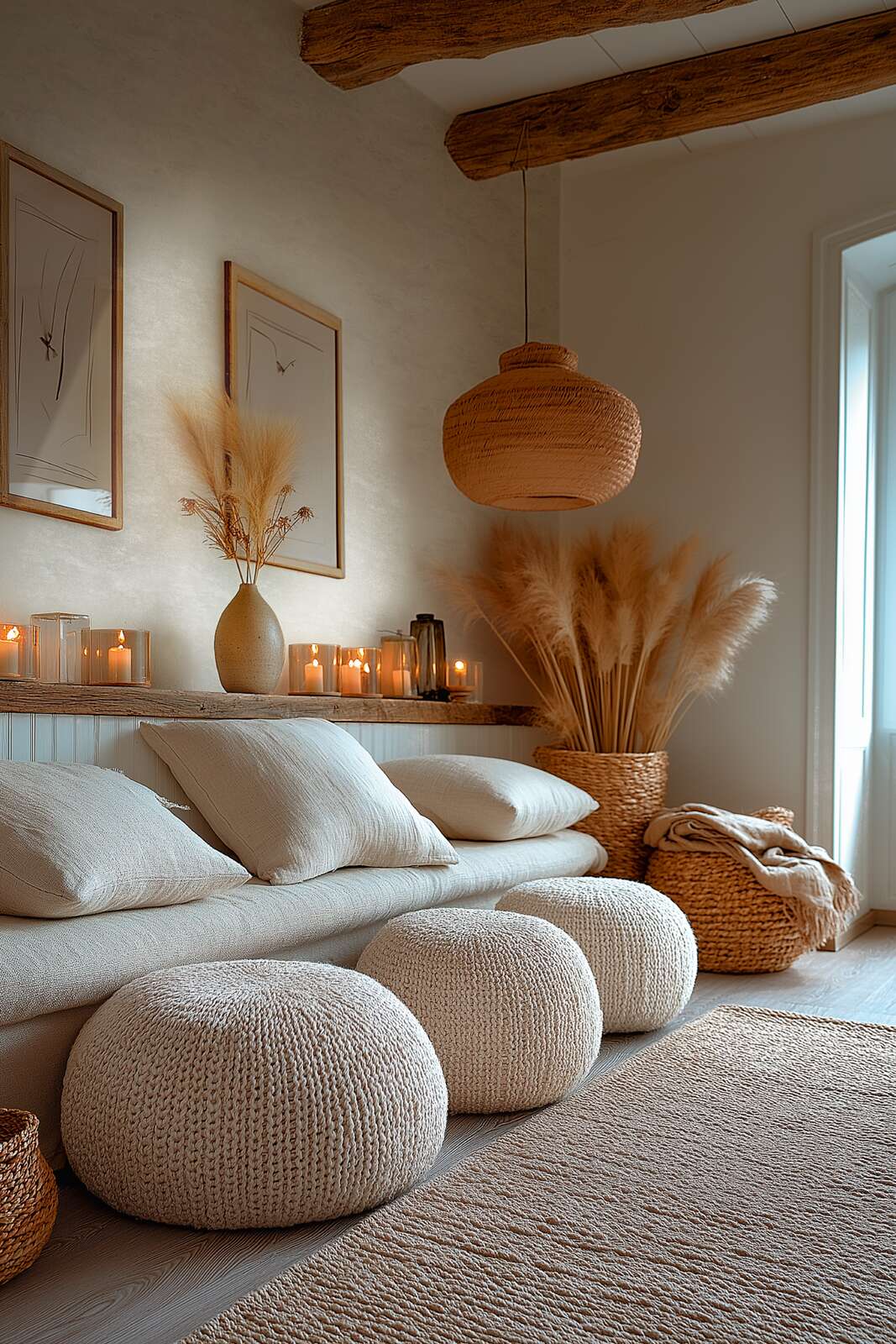 Sofa, Kissen, Poufs, Korb, Kerzen