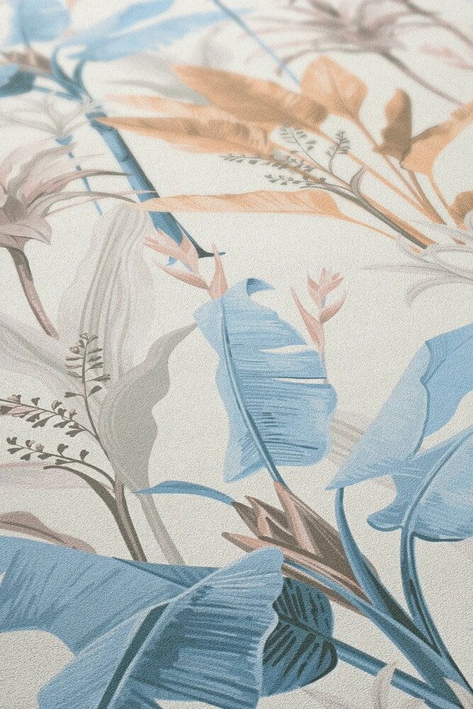             Detaillierte florale Vliestapete mit Blätter Muster - Blau, Grau, Creme
        