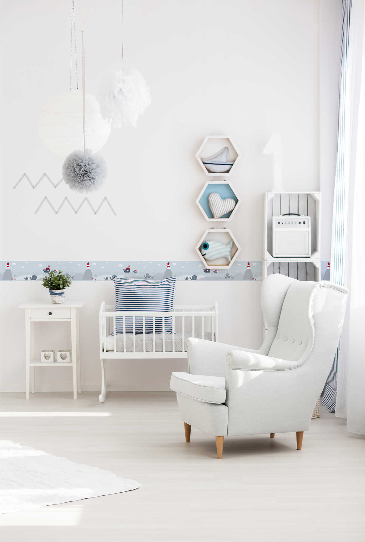             Zelfklevende rand voor babykamer 'Zee-avontuur' - Blauw, Rood
        