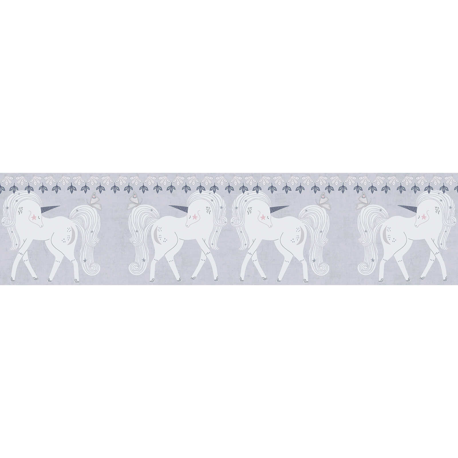         Kinderzimmer Bordüre mit Einhorn-Motiv – Magische Akzente für ein märchenhaftes Kinderzimmer – Grau, Rosa, Weiß
    