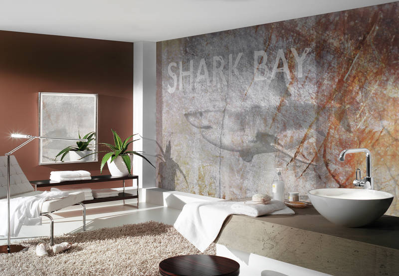             Hai Motiv Fototapete – Vliestapete im Vintage Meeres Design – Grau, Braun
        