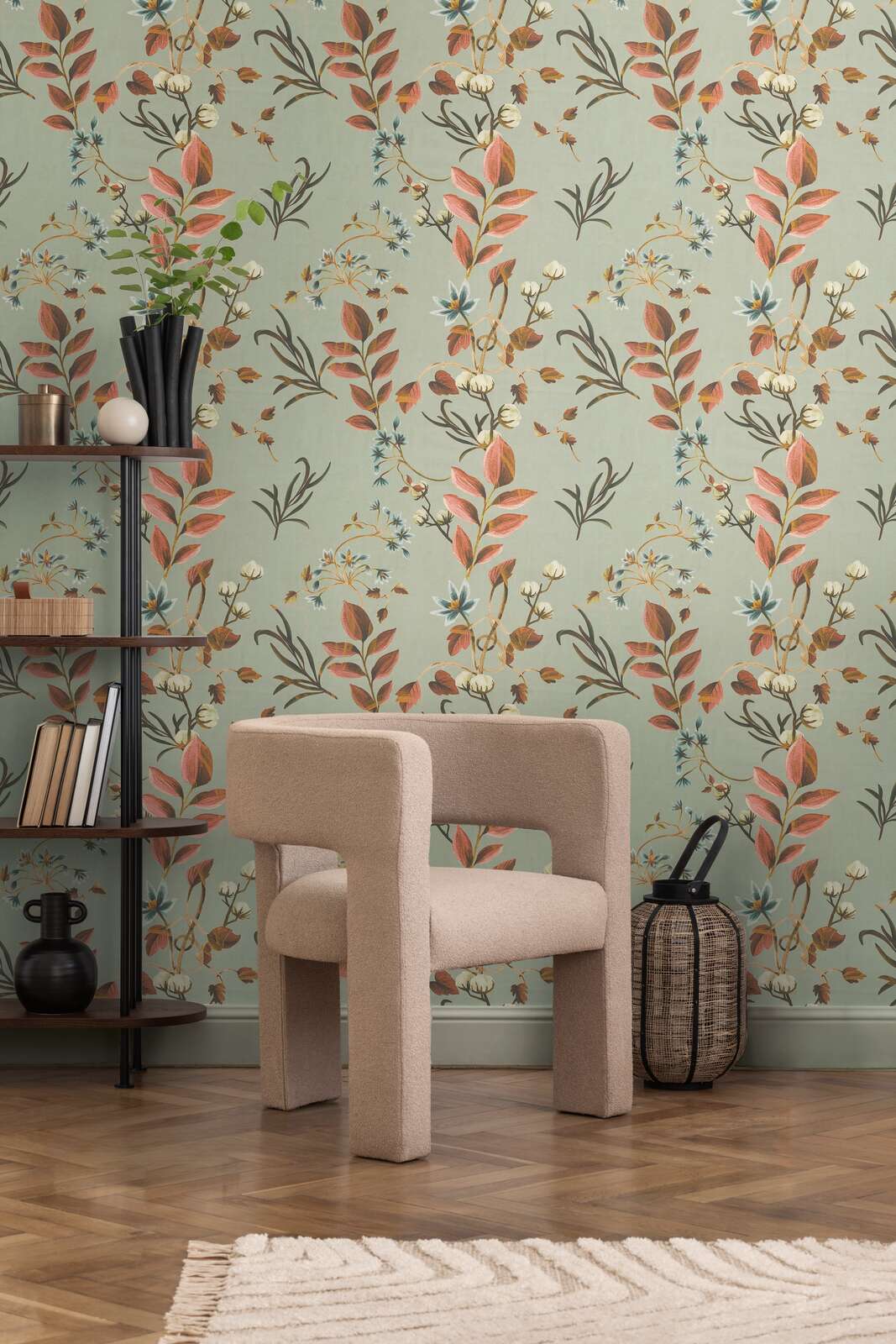             Romantic floral non-woven wallpaper with filigree leaf design, fine surface texture - grey, orange
        