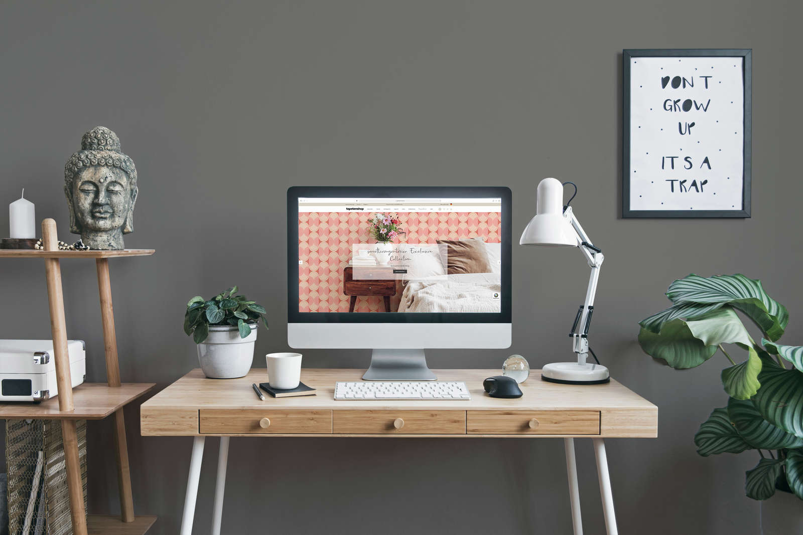 desk, computer, workspace, lamp, plant