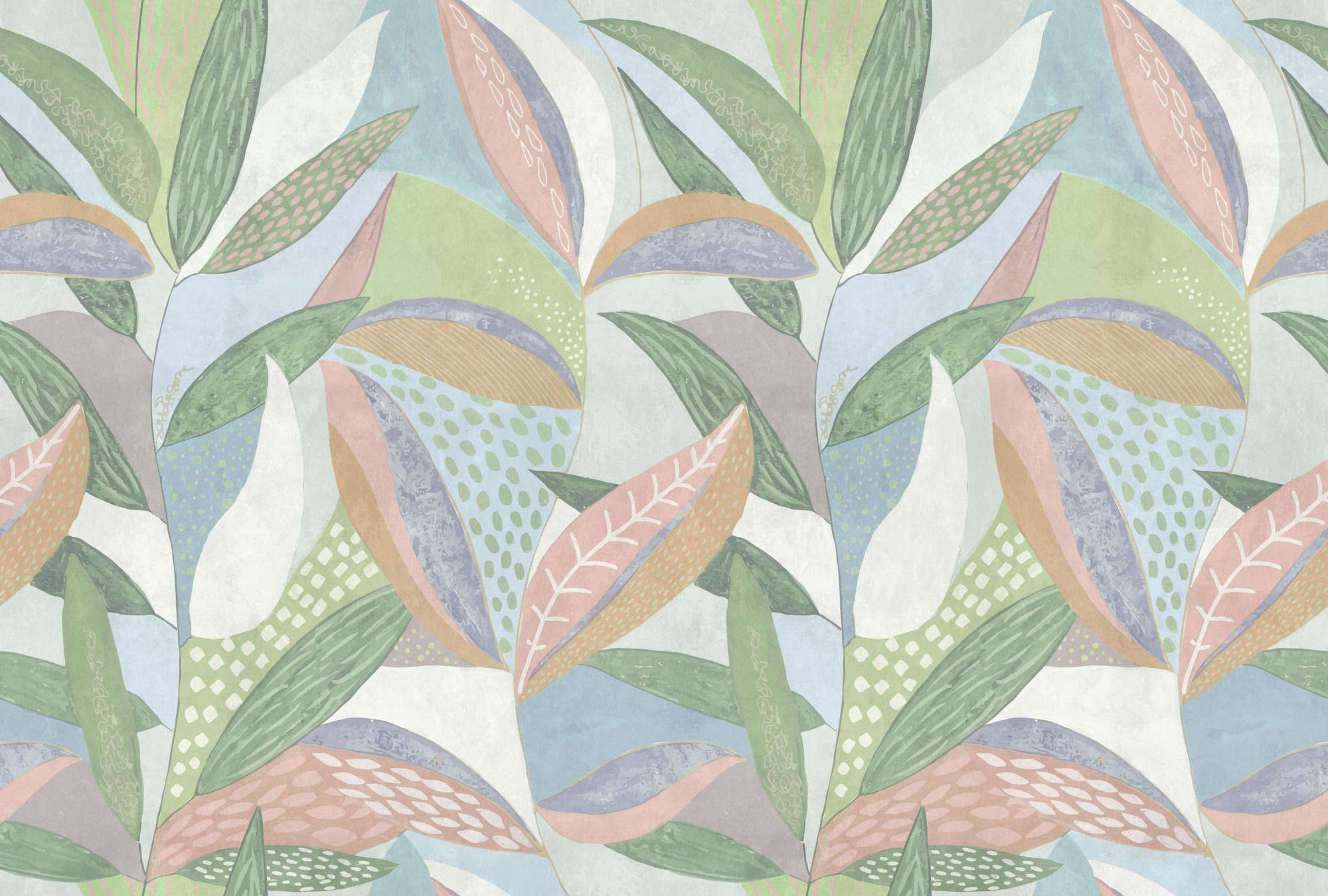             Fototapete »emilia« - Buntes pastelliges Blättermuster vor Betonputzstruktur – Grün, Blau, Rosa | Glattes, leicht glänzendes Premiumvlies
        