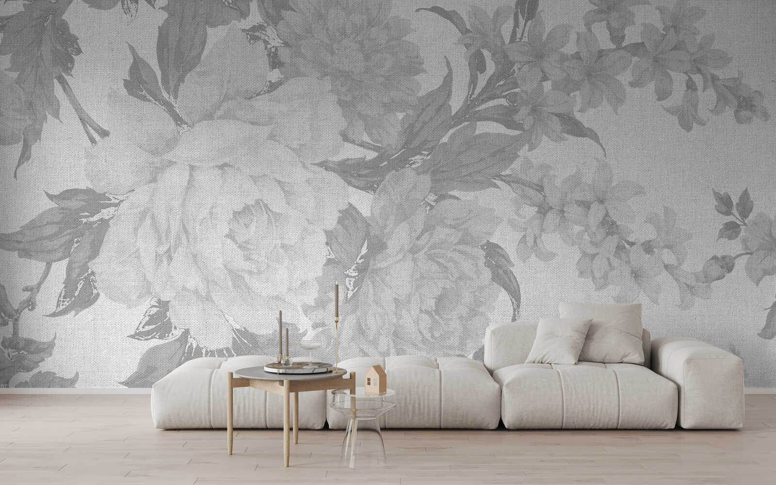 Wandtapete, Blumenmuster, Großes Motiv, Neutralgrau, Wohnzimmerwand