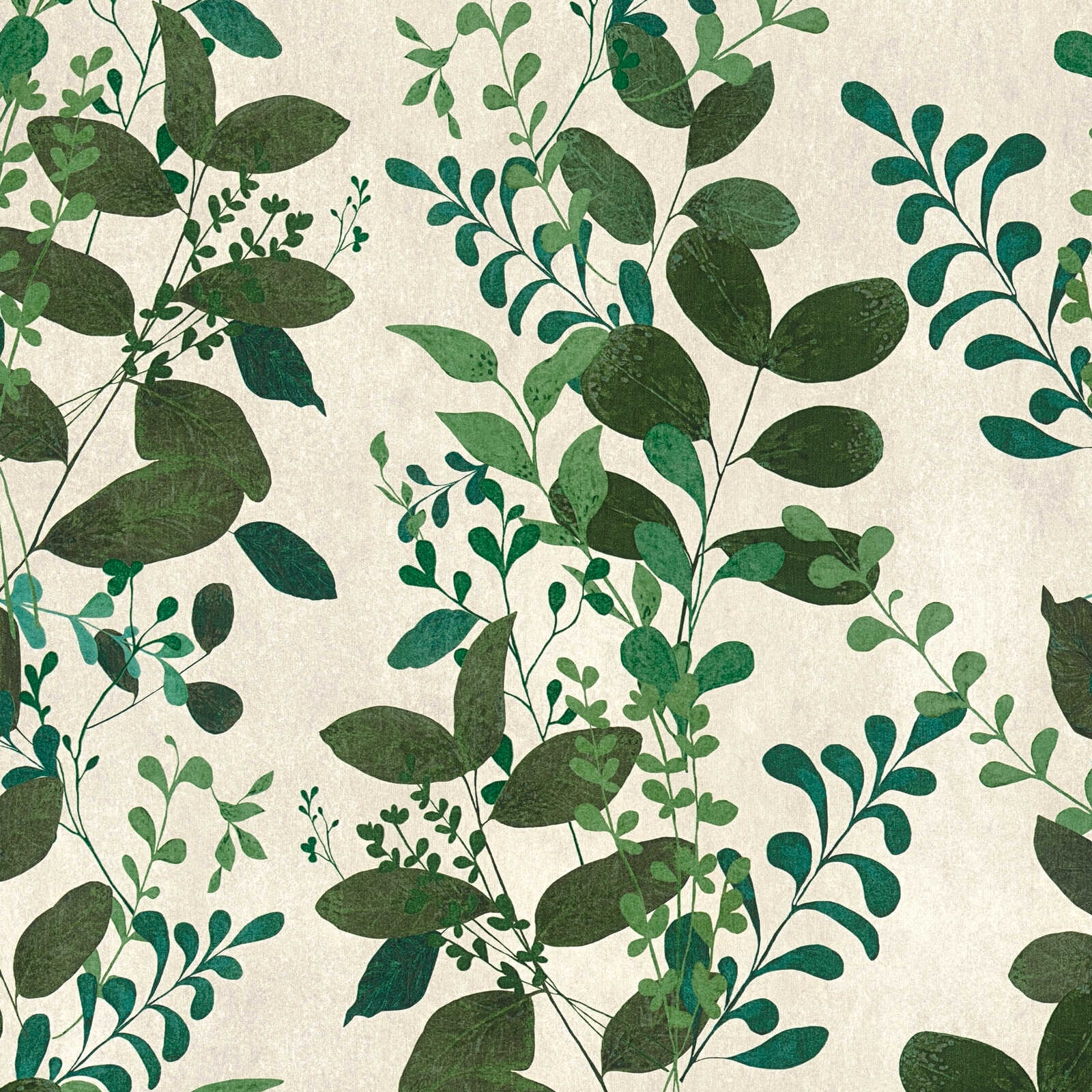 Vliestapete mit Blattzweigen matt und dezent strukturiert – Grau, Weiß, Grün