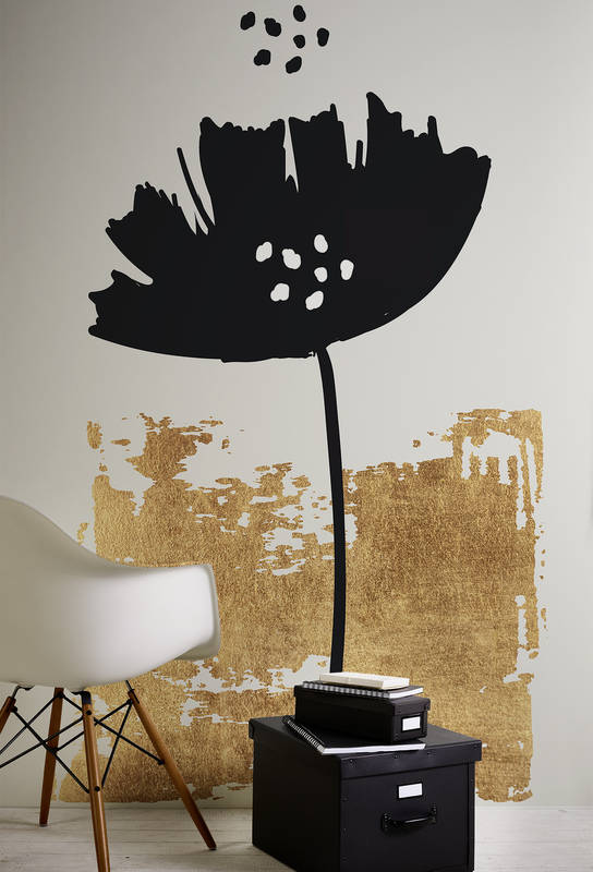 Wandaufkleber, Blumen-Waumural, schwarze Silhouette, Goldtextur, Wohnkultur