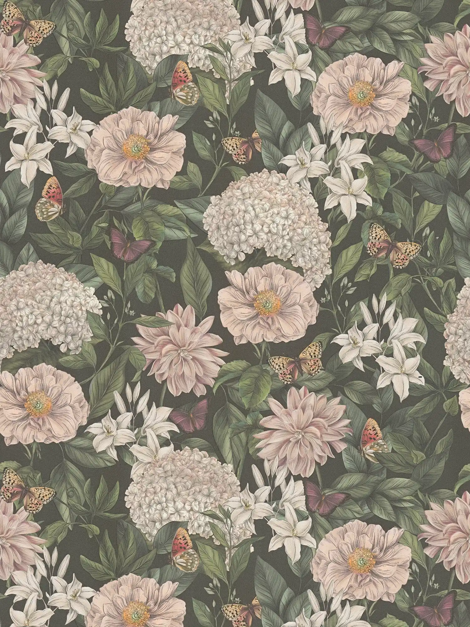         Modern behang met bloemen en vlinders in bloemenstructuur - zwart, donkergroen, wit
    
