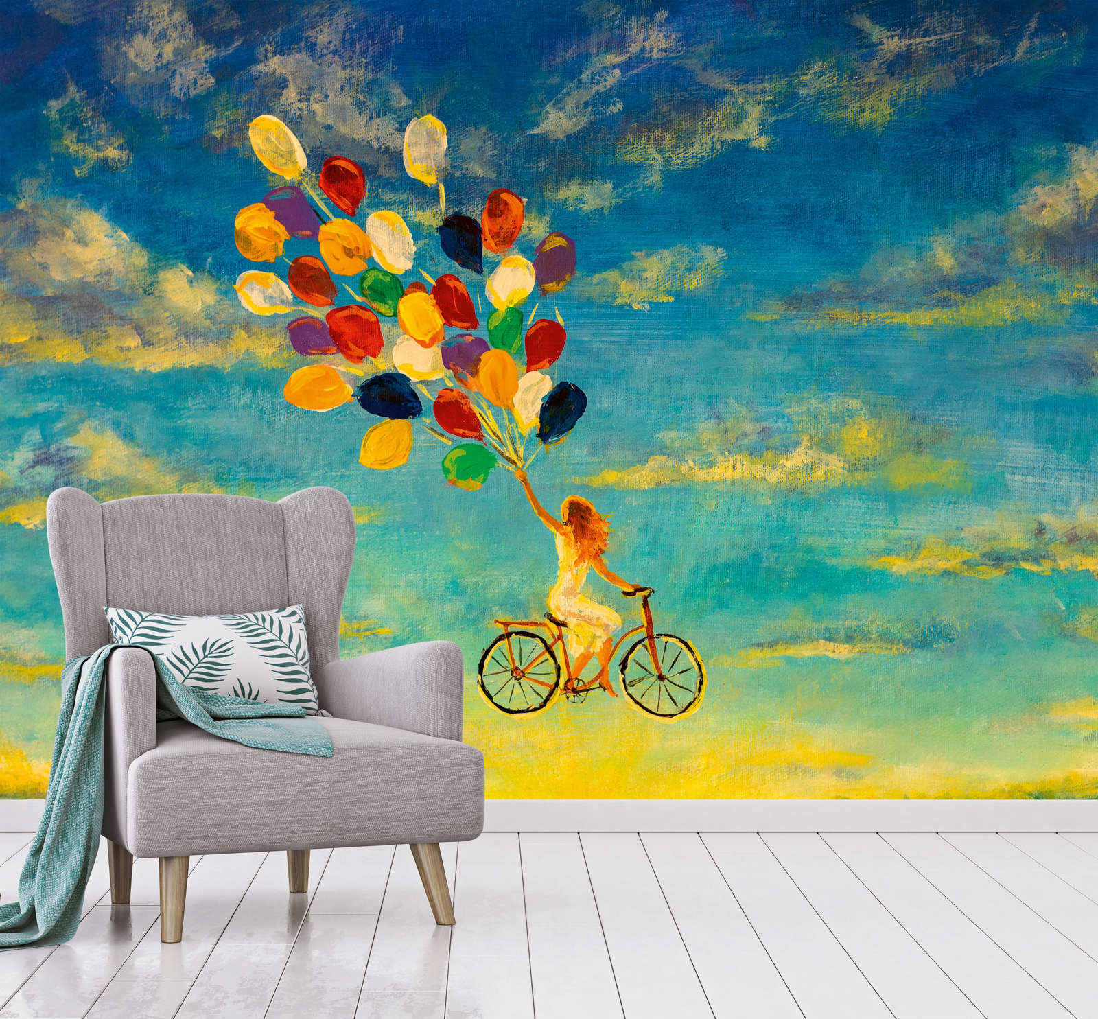 Wandmalerei, Kunstwandbild, Ballonstrauß, kindliche Szene, Fahrradfigur