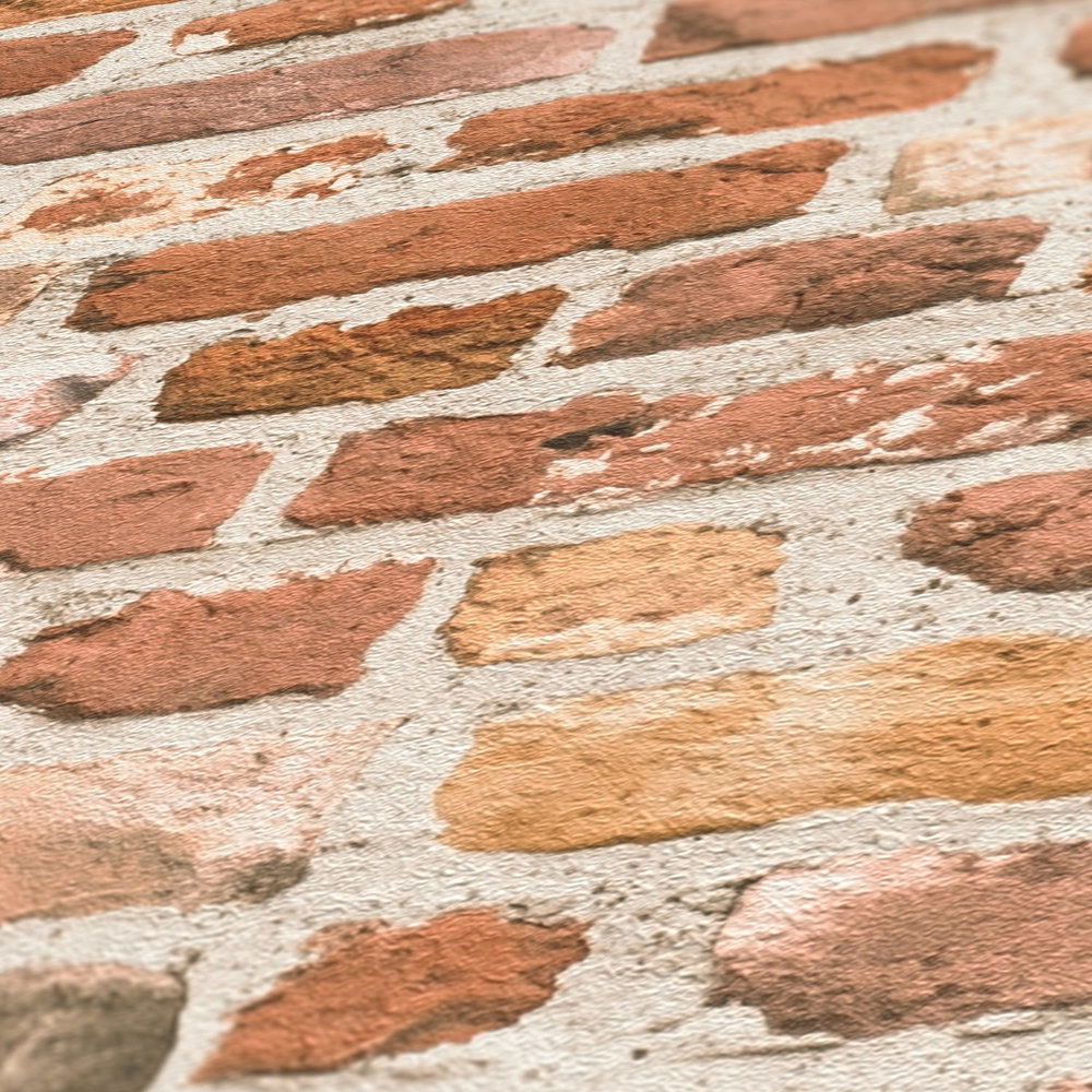             Steinoptik Tapete rote Ziegelmauer mit 3D Effekt – Creme, Rot
        