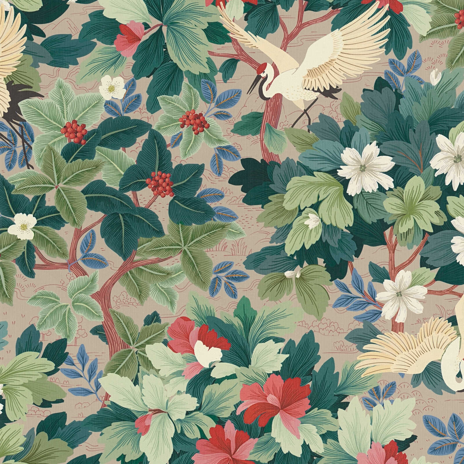 Tropische Vliestapete mit Blätter- und Vogelmuster in matter Optik und leichter Struktur – Beige, Grün, Rot