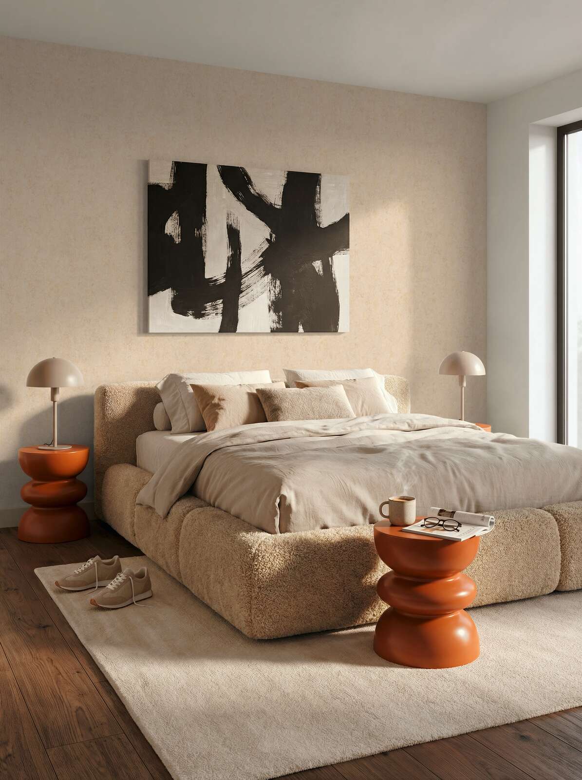bett, sofa, abstrakte kunst, nachttisch, lampe