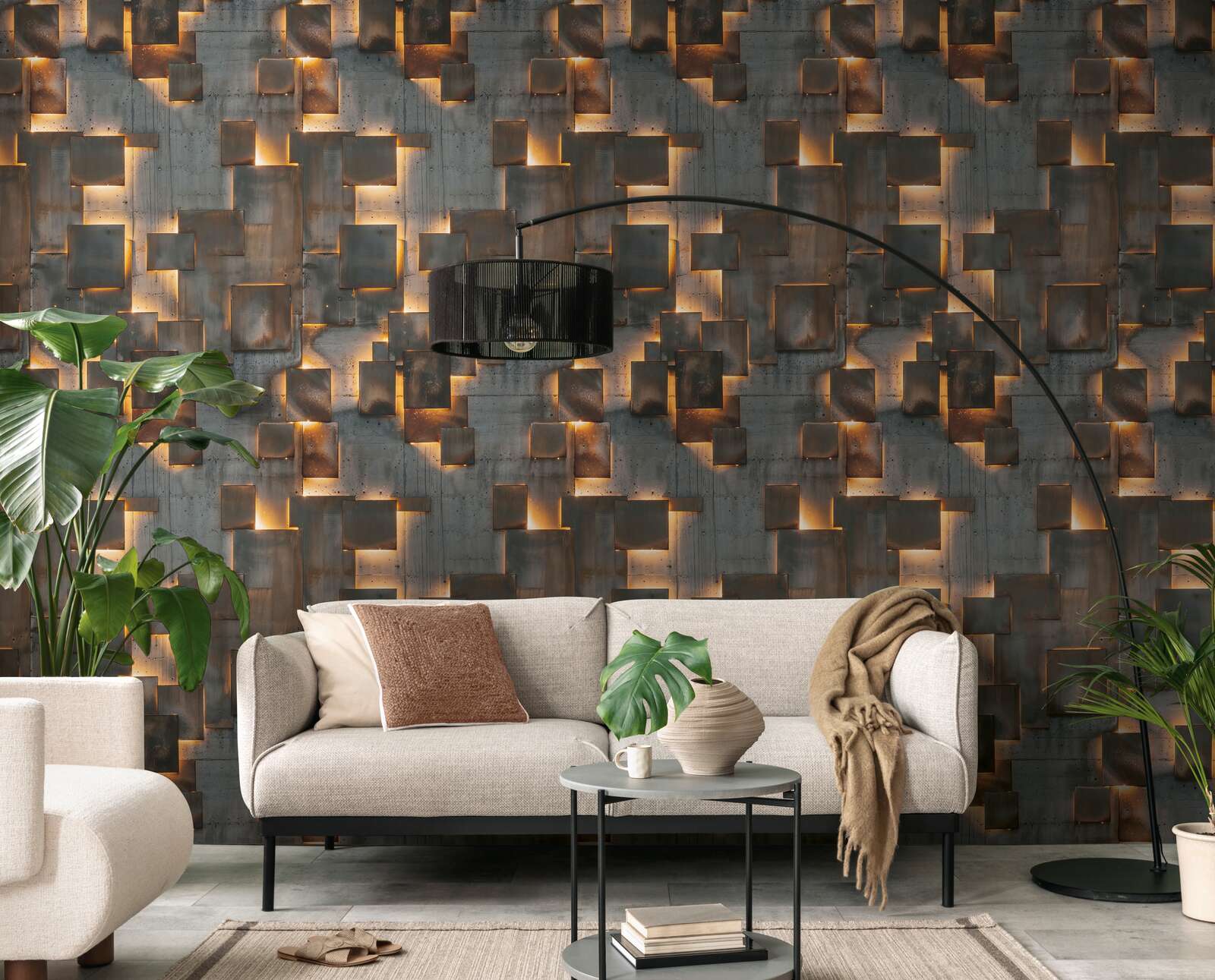 Wohnzimmerwand, Wandpanel, Metallpaneele, Lichtakzente, Sofa