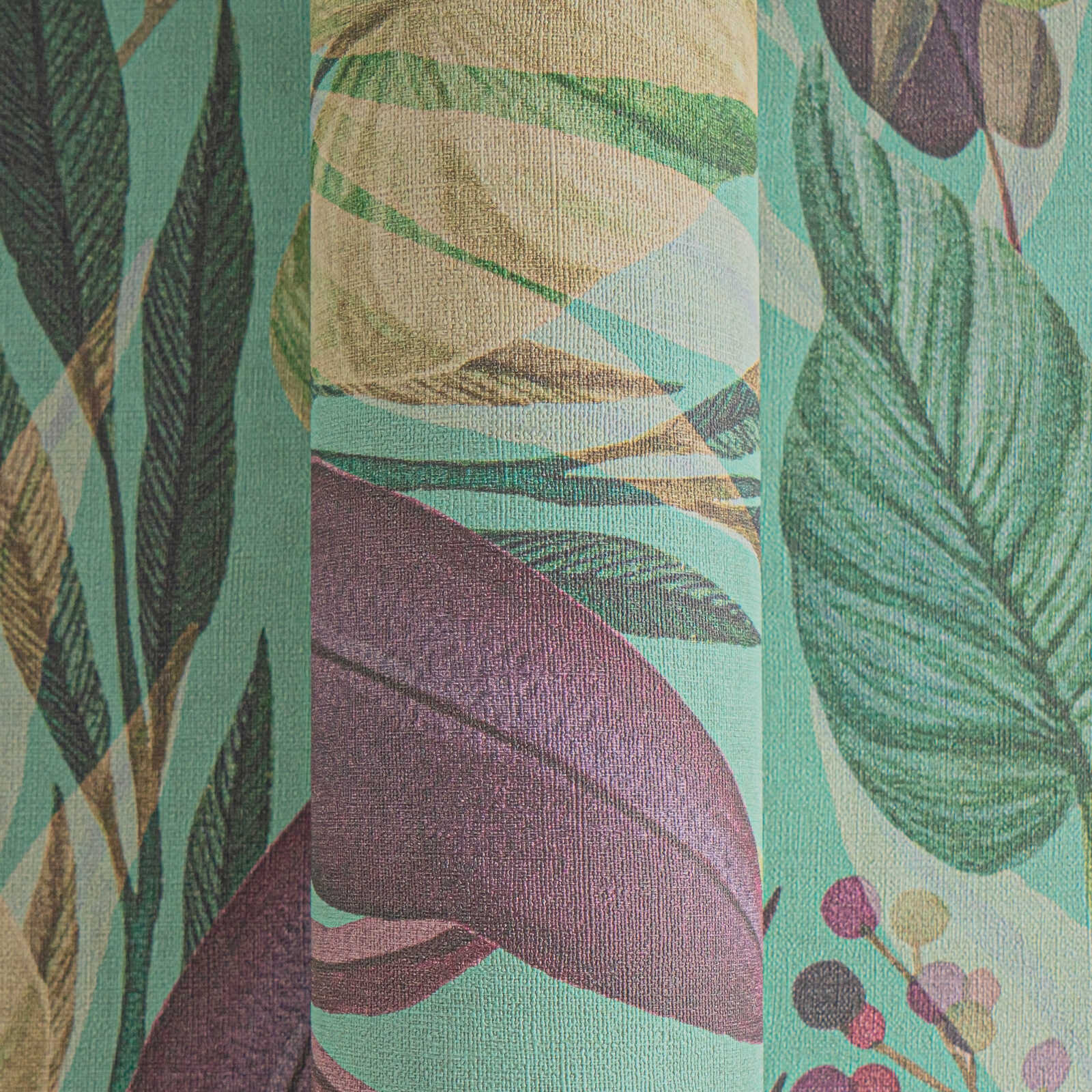             Leuchtende Vliestapete im exotischen Stil mit Blätterdesign und leichter Struktur – Bunt
        
