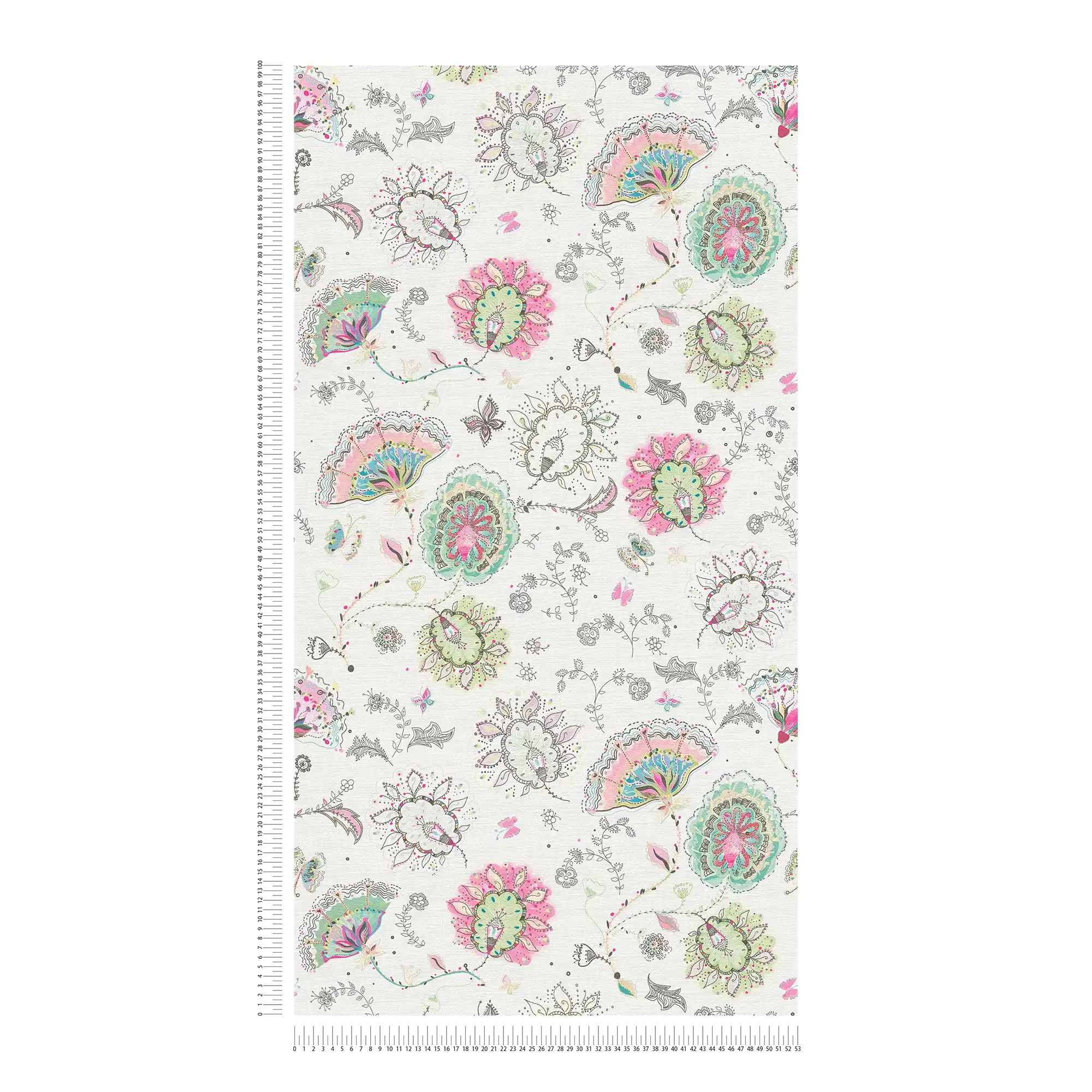 Floral pattern wallpaper in bold colours - cream, green, pink
