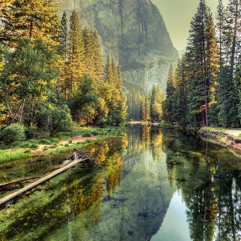         River at the foot of a mountain - green, yellow, brown
    