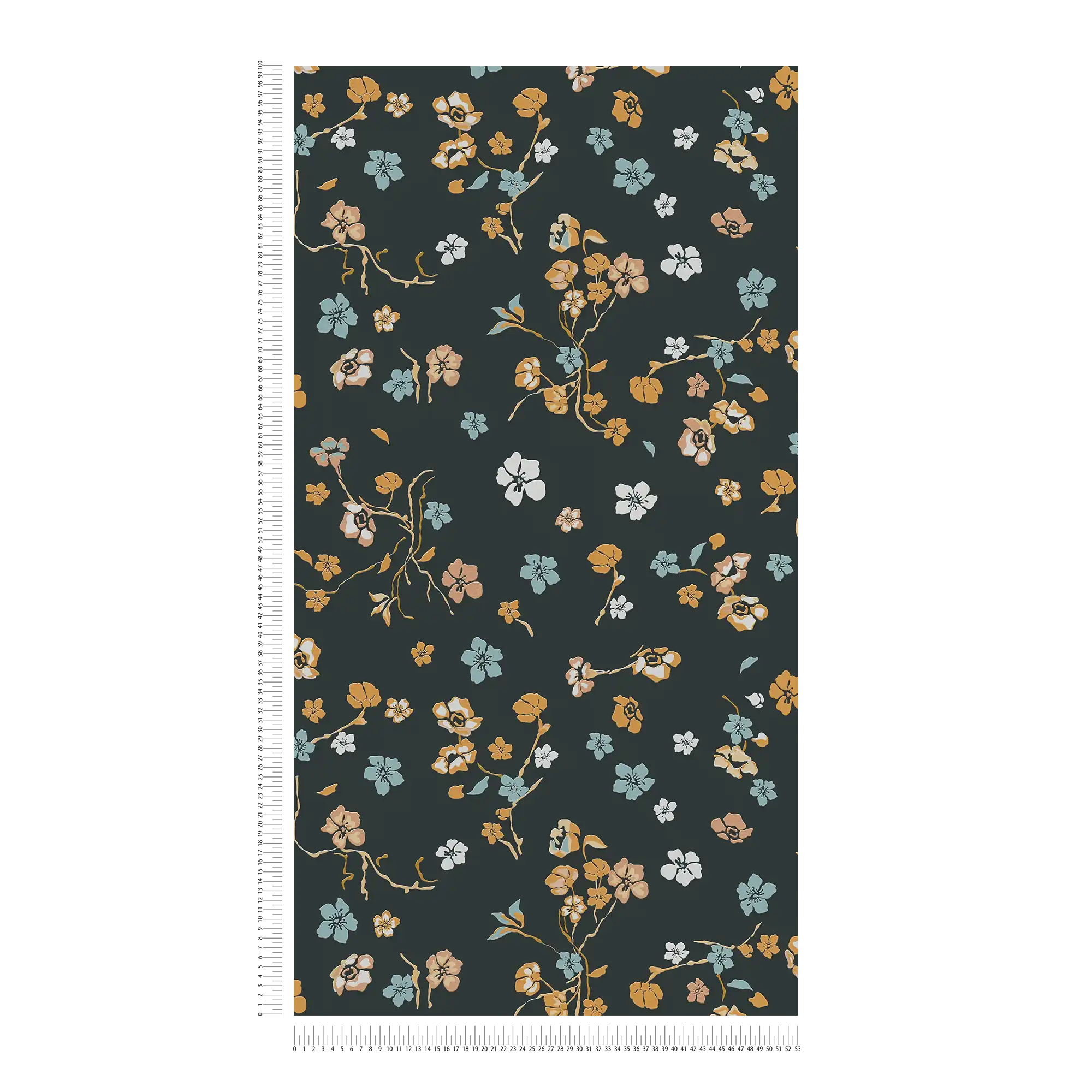             Blumentapete mit Glanzeffekt & Strukturmuster – Schwarz, Gold, Türkis
        