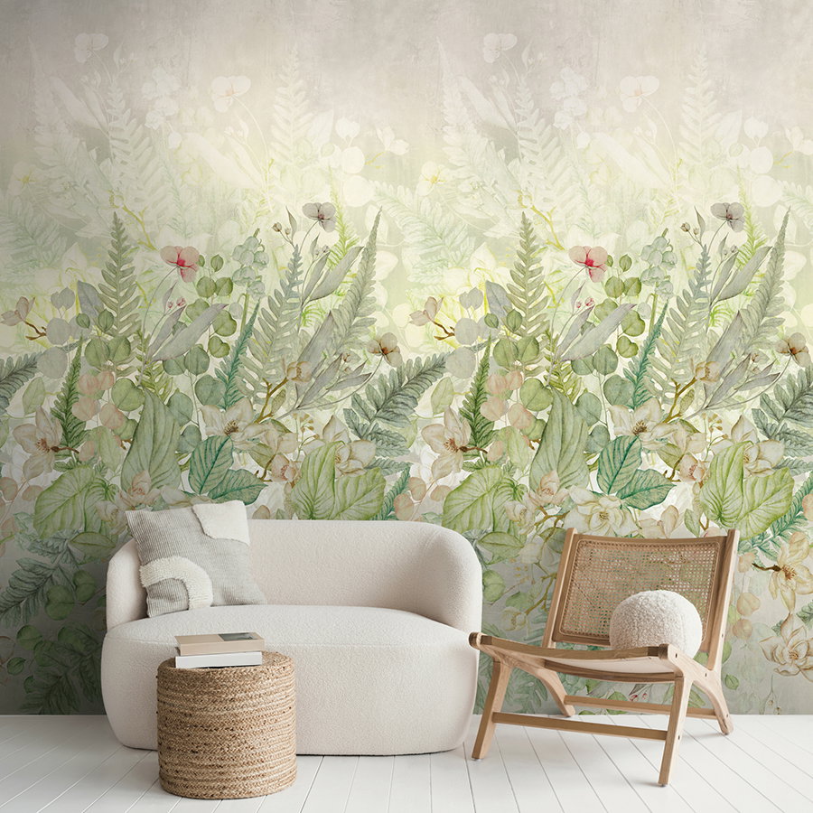 Wandtapete, Pflanzenmuster, Grün, Blumen, Wohnzimmer