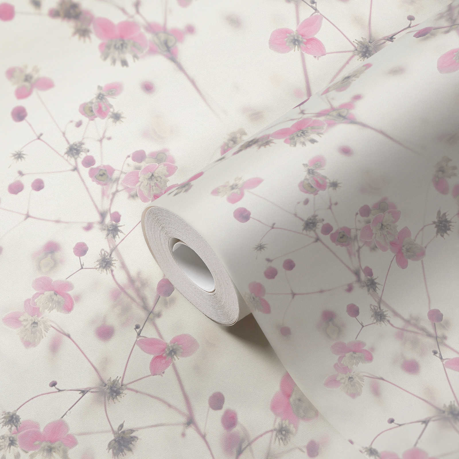             Moderne Landhaus Tapete Blumenmuster – Grau, Rosa
        
