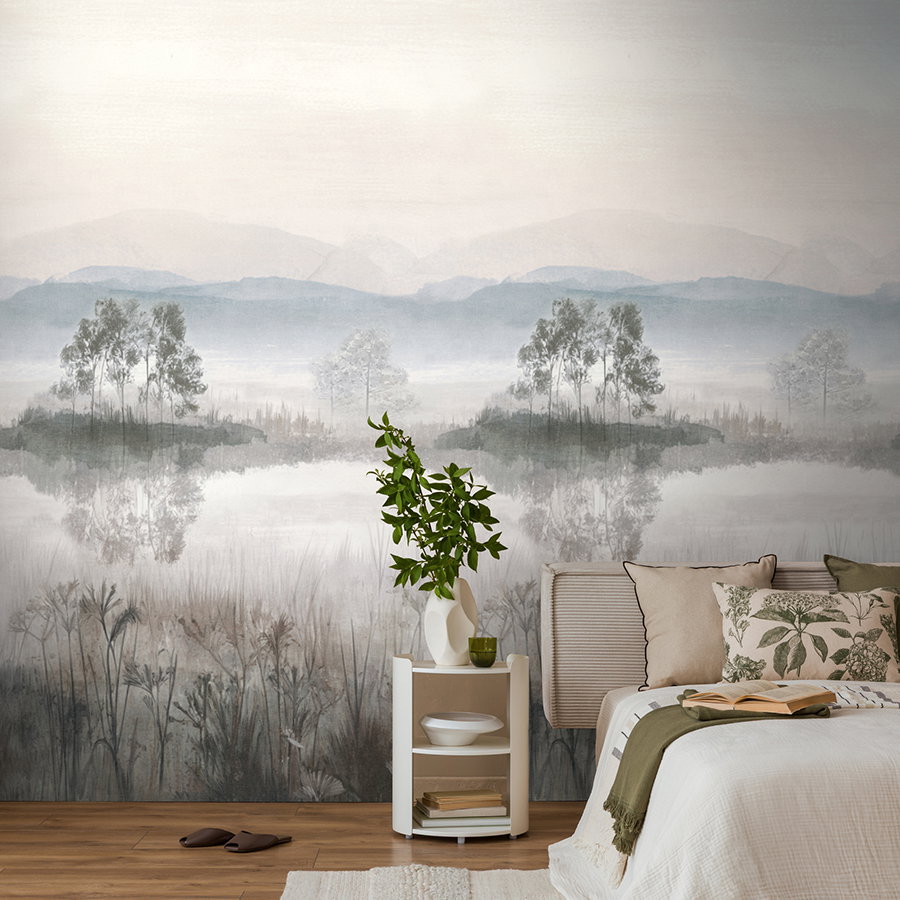 wooden floor, bedside table, vase plant, neutral decor, mural wallpaper