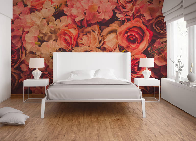             Romantisches Rosenmotiv in Leinenoptik – Rosa, Grün
        