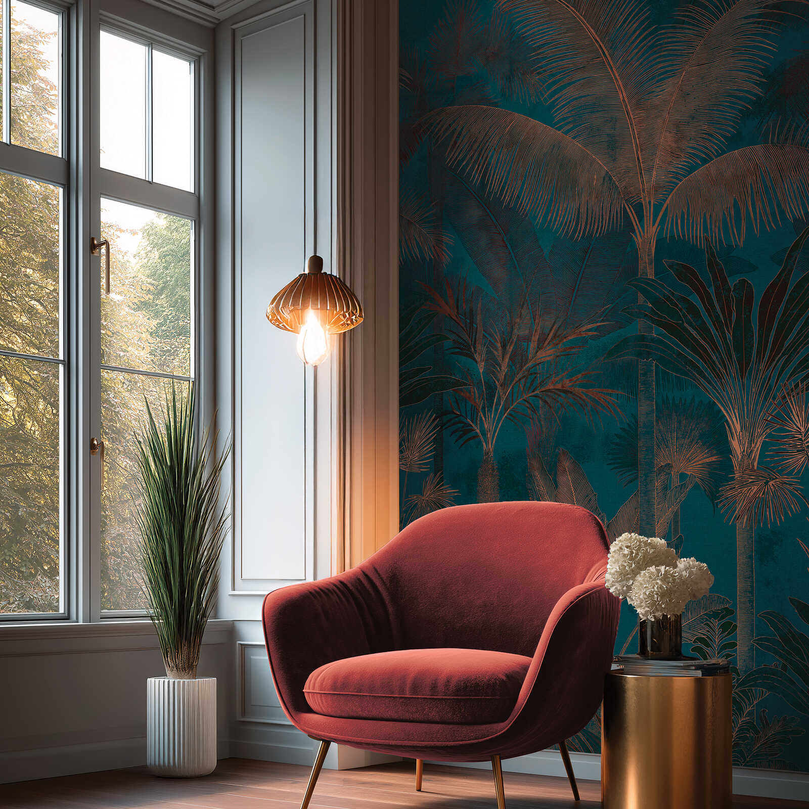 Motivtapete Tropennacht – Vliestapete mit tiefblauem Palmen-Design - Blau, Braun