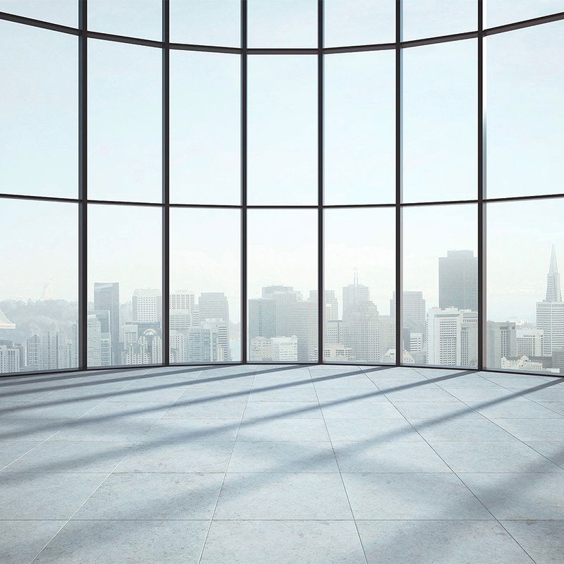         3D Optik Fototapete – Panorama Fenster mit Blick auf moderne Skyline – Grau, Weiß
    