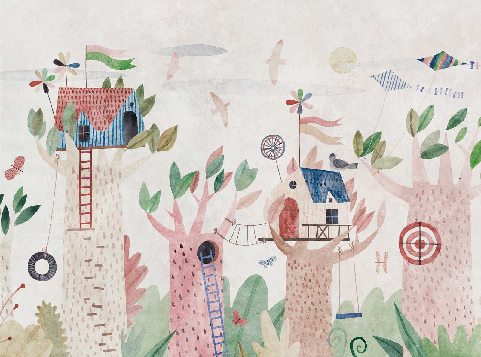             Kinderzimmer Fototapete mit bunten Baumhäusern als Vliestapete – Bunt, Beige, Braun
        