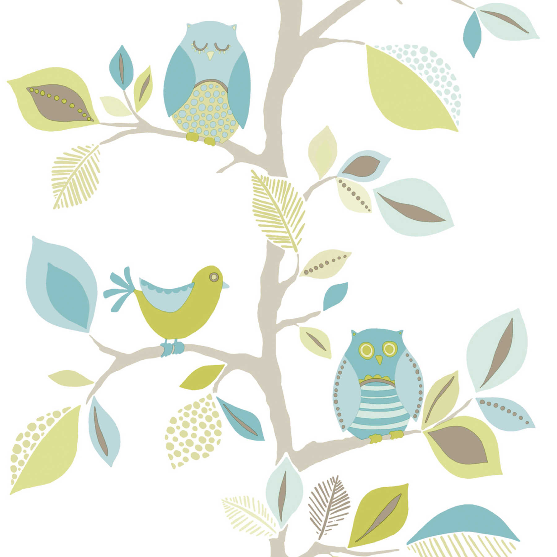             Nursery wallpaper neutral with owl & tree pattern - blue, green
        