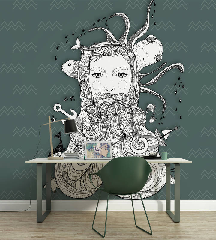 wandbild, dschungelbart, tintenzeichnung, meerwelt, wanddeko