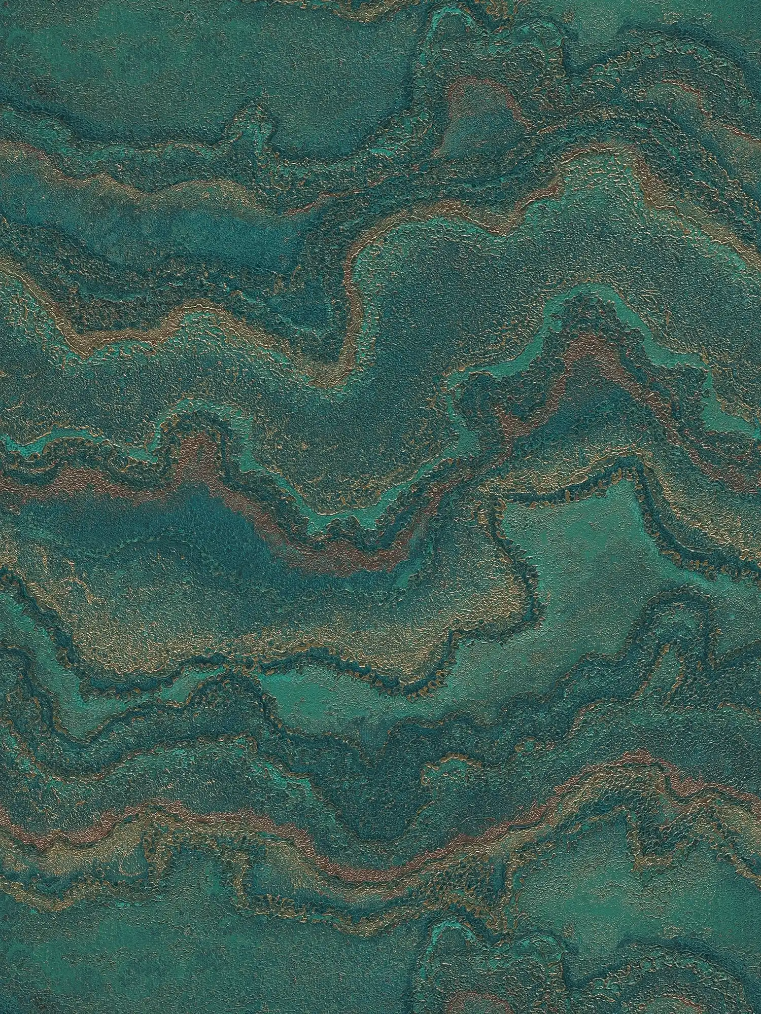 Vliestapete mit marmorierter Optik – Grün, Petrol, Gold