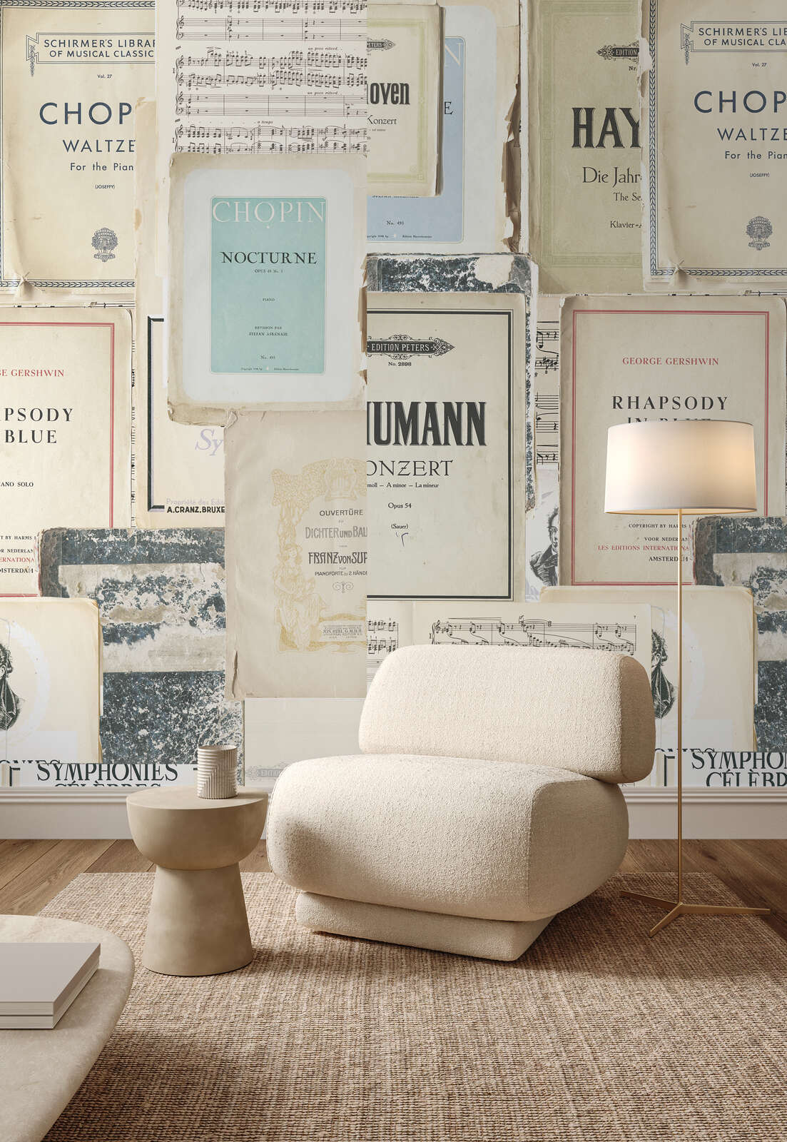 Piano Notenblatt, Wandkunst, Blätterstapel, moderner Lounge-Stuhl, Stehlampe