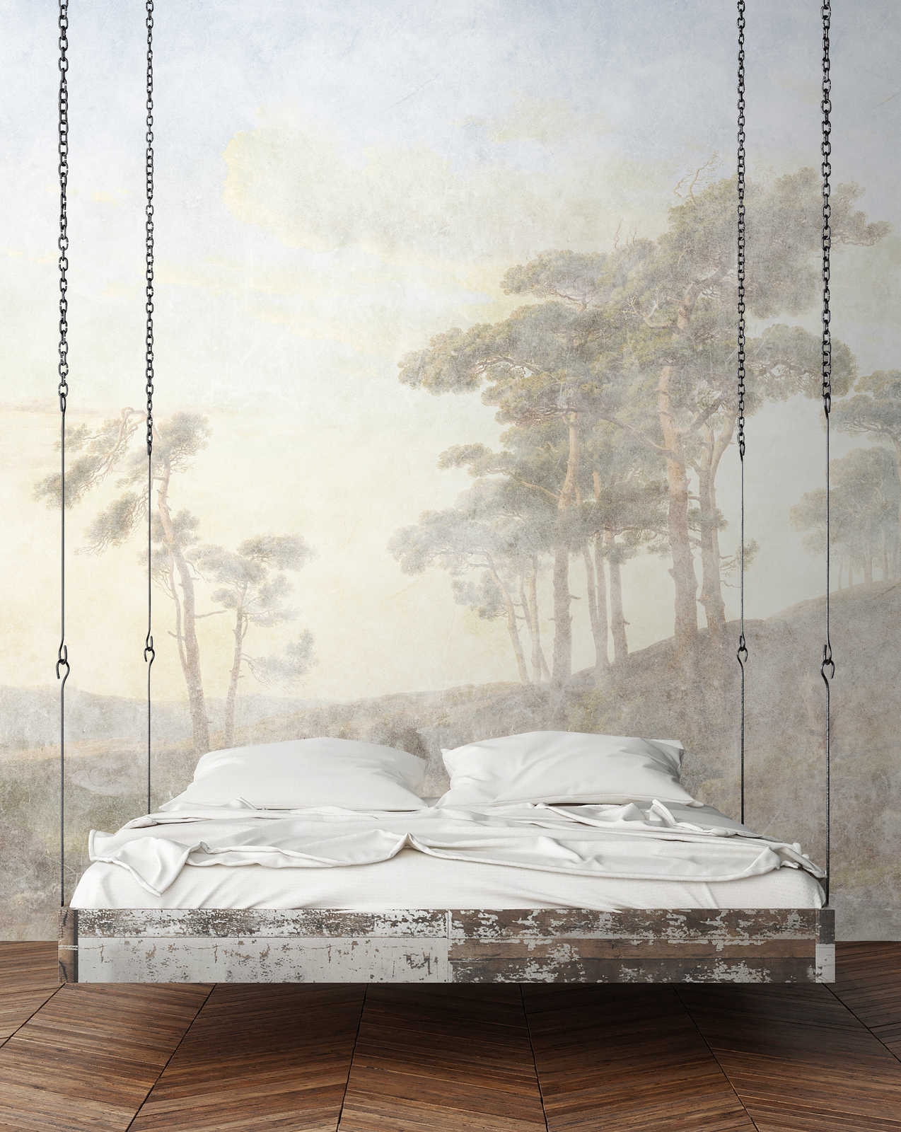 hängesessel, wandbett, rustikale bettplattform, wandschlafstuhl, wandmontierte schaukelbed