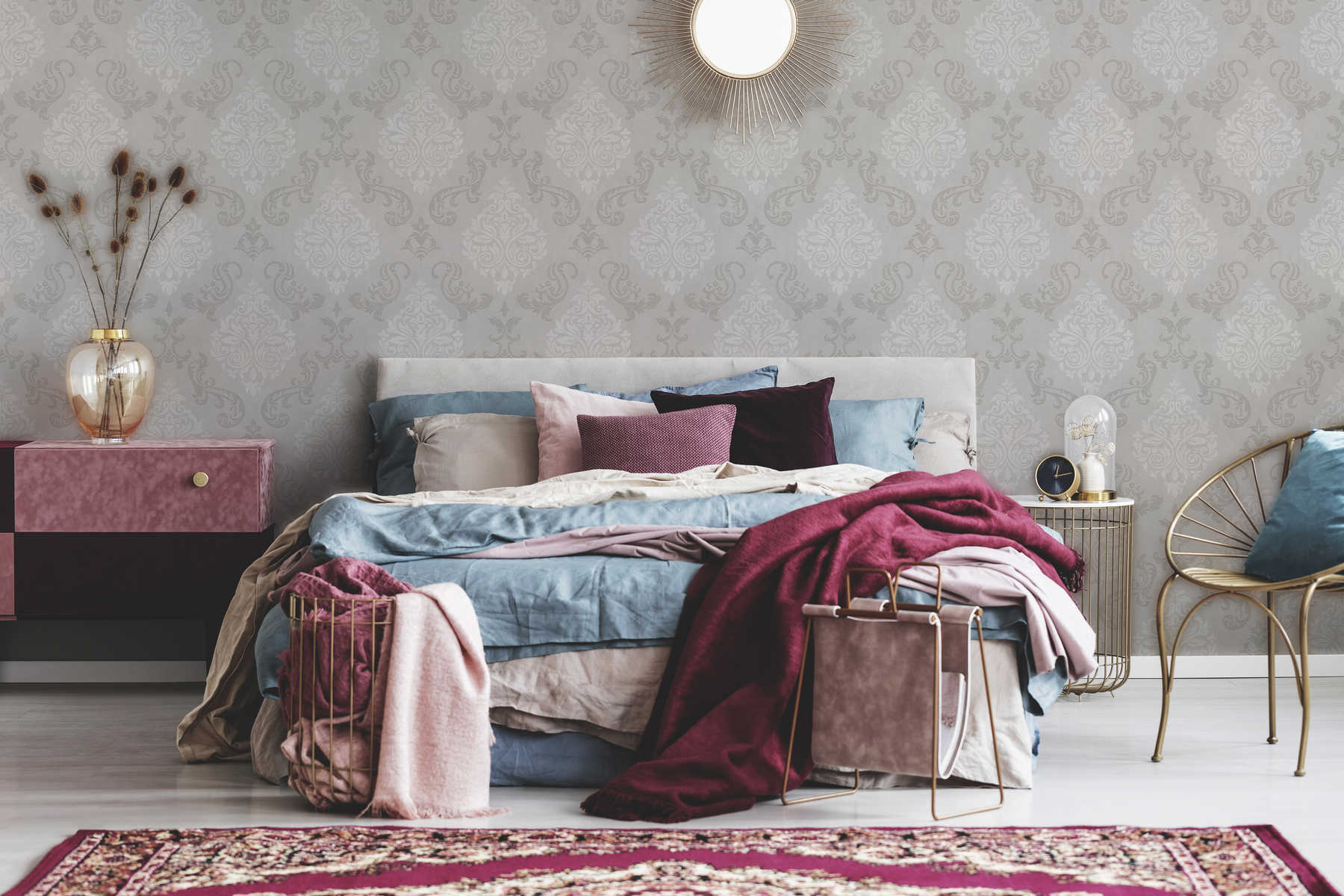 Ornamente Tapete Barock Stil mit Glitzereffekt – Beige, Creme, Metallic