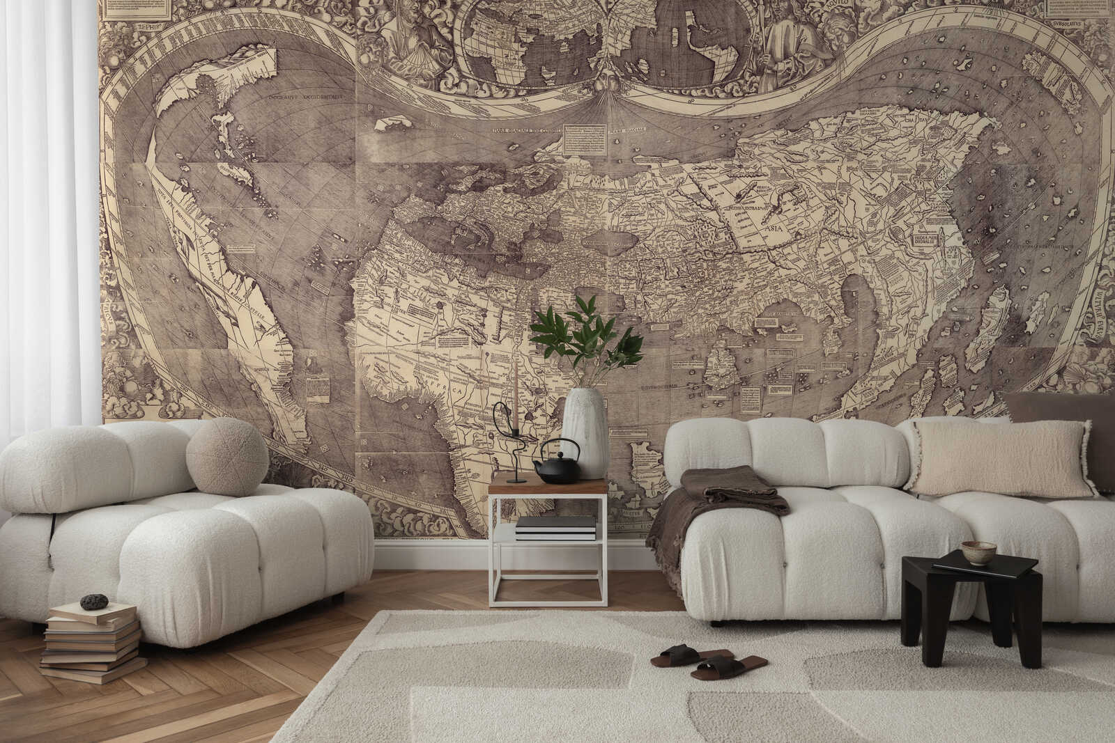 Wandtapete, Weltkarte, Wohnzimmerwand, Sofa-Set, Blattpflanze