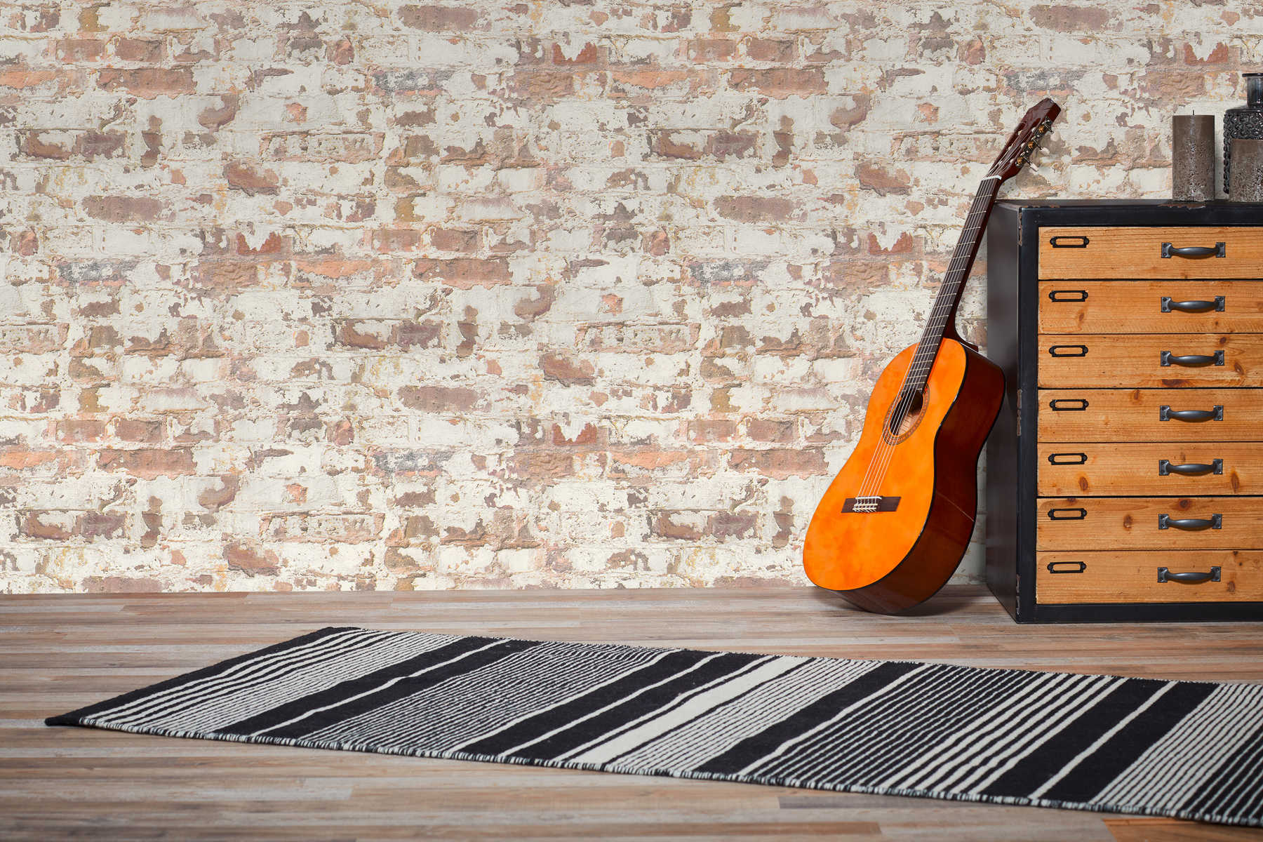 Vintage Mauer-Tapete mit Backsteinen &amp; Putz – Orange, Weiß, Rot