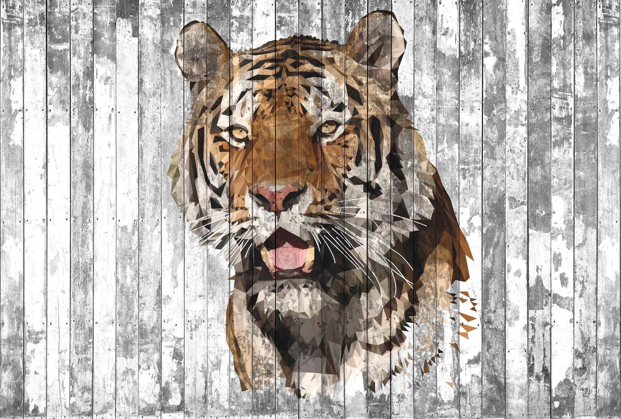             Tiger-Fototapete im Polygon-Stil für Jugendzimmer – Braun, Grau, Weiß
        