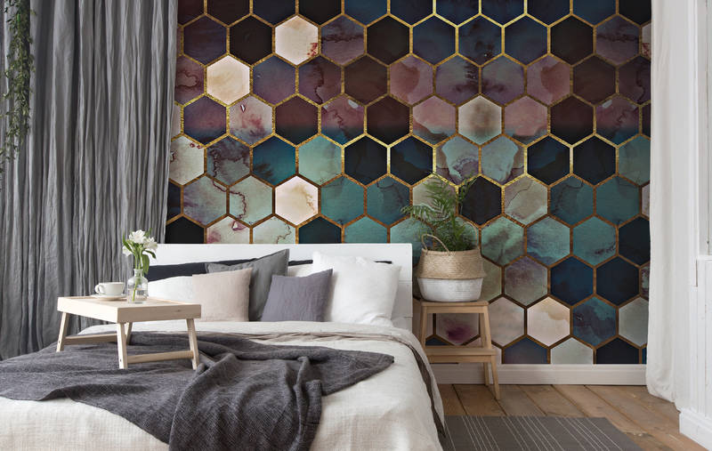 Hexagon-Fliesen, Wandtapete, Multicolor, Goldrand, Schlafzimmer-Dekor
