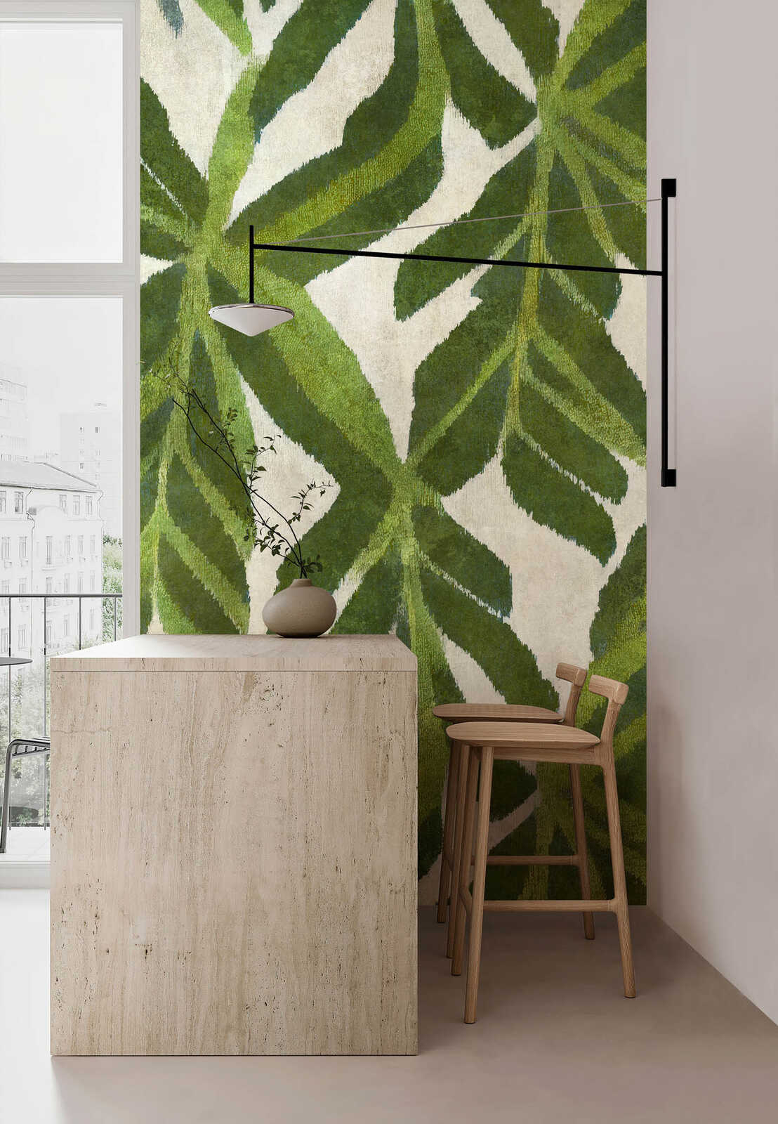 wandtapete, grün, pflanzenmuster, bar-tisch, hocker