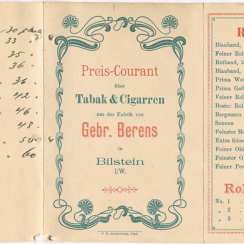 Tabak, Zigarre, Preis-Courant, Bilstein, Bilstein i/W