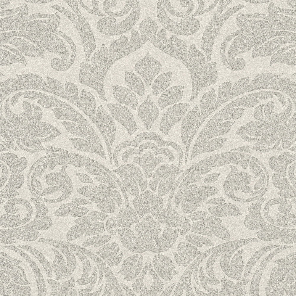             Luxus-Vliestapete in edlem Barockdesign mit schimmernden Glasperlen – Silber, Creme
        